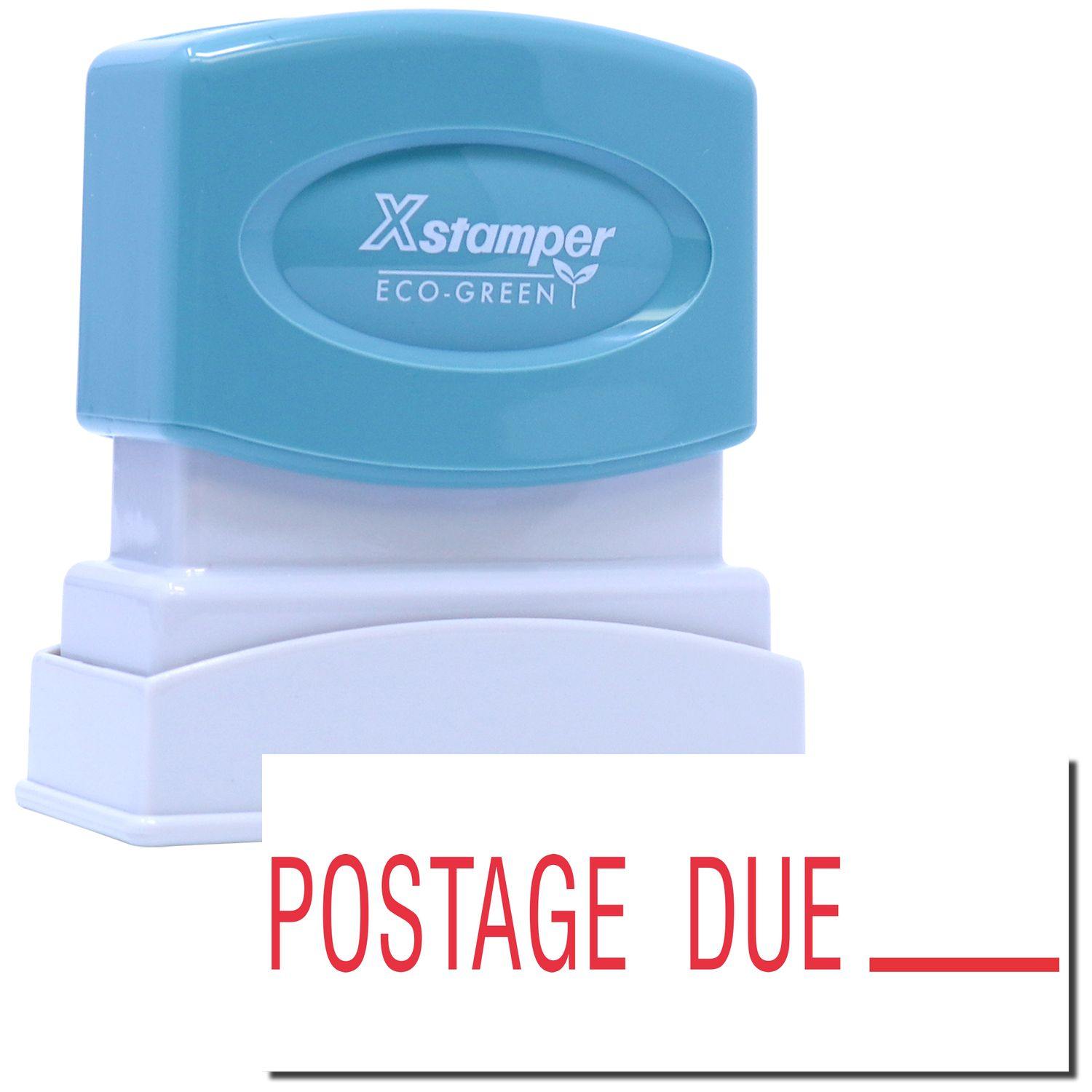 An xstamper stamp with a stamped image showing how the text "POSTAGE DUE" with a line is displayed after stamping.
