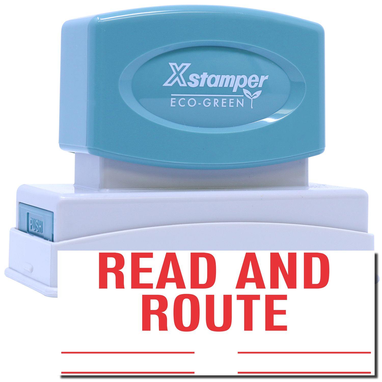 Jumbo Read And Route Xstamper Stamp with a blue handle and white base, featuring bold red READ AND ROUTE text on the stamping surface.