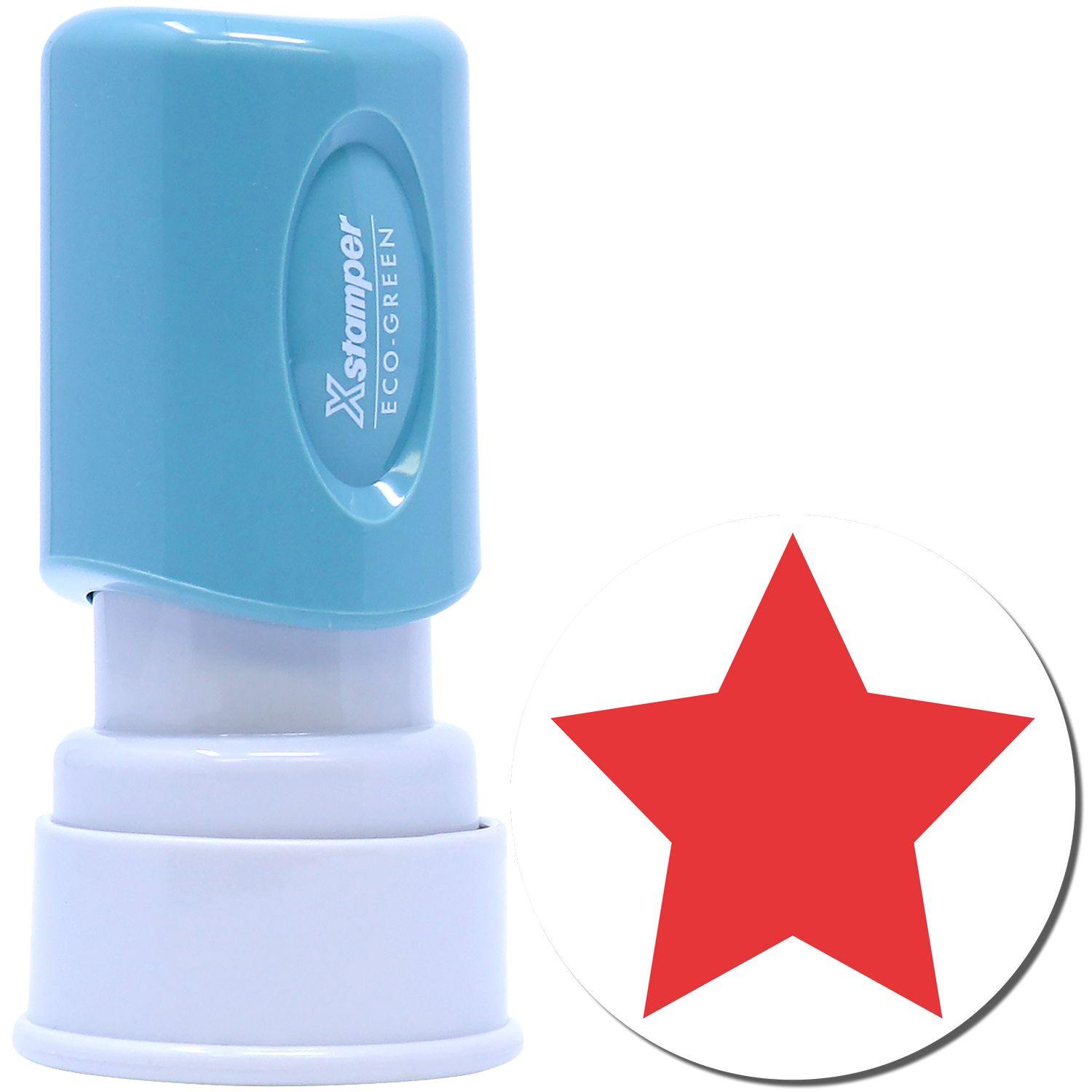 Round Red Star Xstamper Stamp with a blue handle and a red star imprint, shown on a white background.