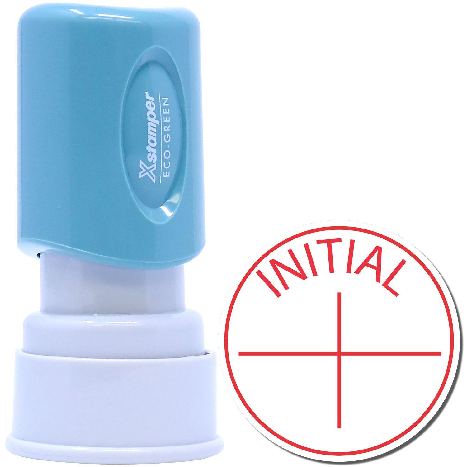 Round Initial Xstamper Stamp with a blue handle and white base, shown next to a red initial mark.