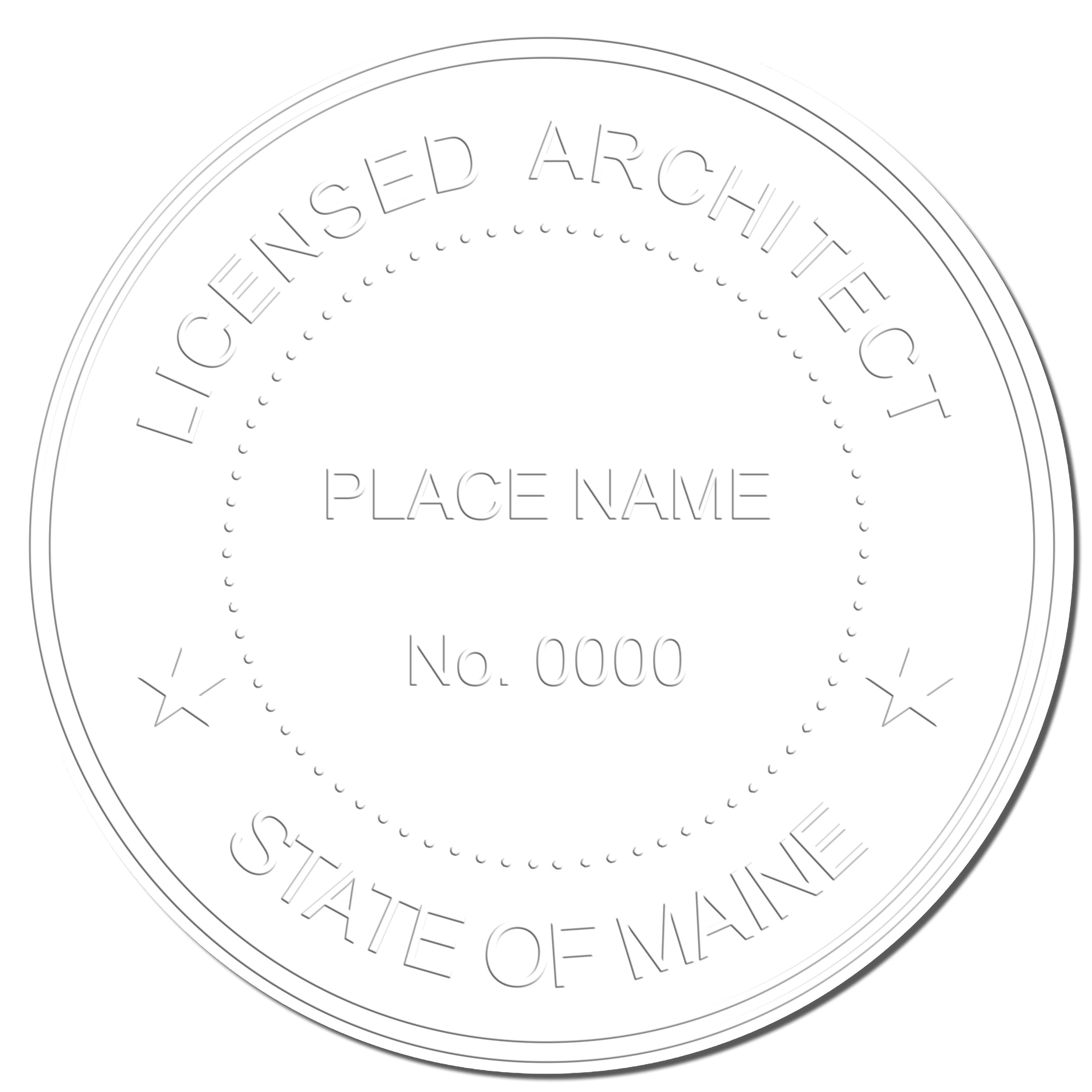 This paper is stamped with a sample imprint of the Heavy Duty Cast Iron Maine Architect Embosser, signifying its quality and reliability.