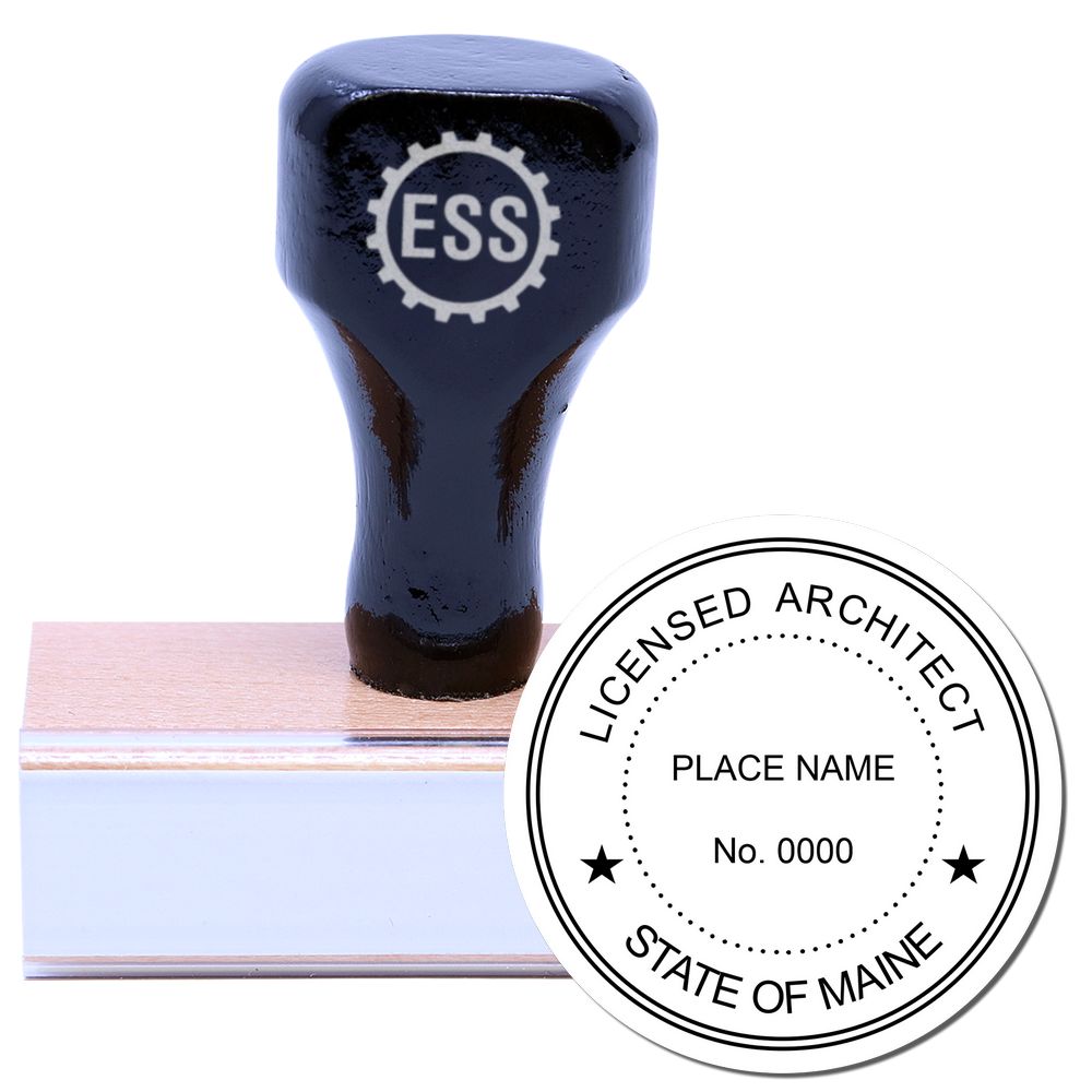 Wooden handle rubber stamp with ESS logo and a circular imprint reading Licensed Architect, State of Maine, Place Name, No. 0000 .