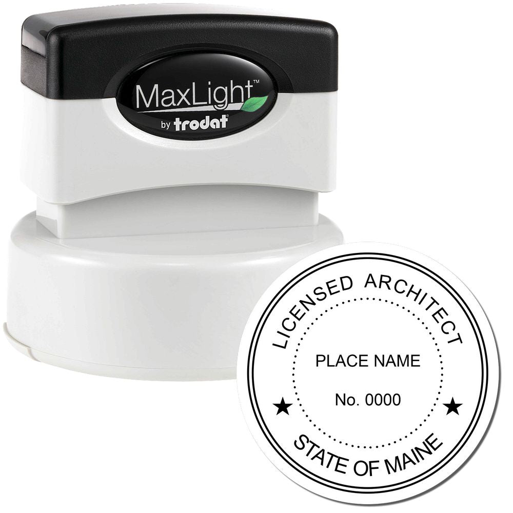 Image of the Premium MaxLight Pre-Inked Maine Architectural Stamp, showing the stamp and an example imprint with "LICENSED ARCHITECT STATE OF MAINE."