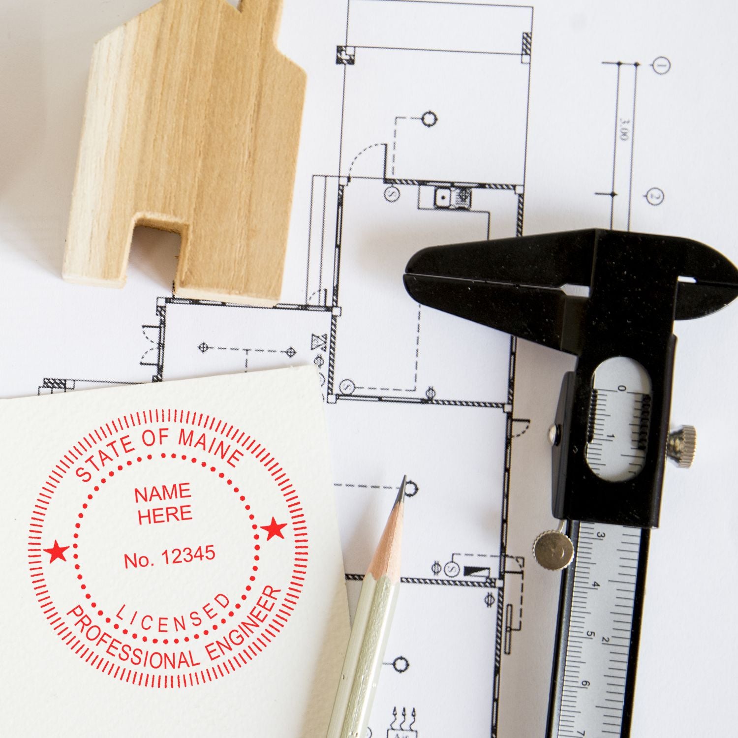 A photograph of the Digital Maine PE Stamp and Electronic Seal for Maine Engineer stamp impression reveals a vivid, professional image of the on paper.