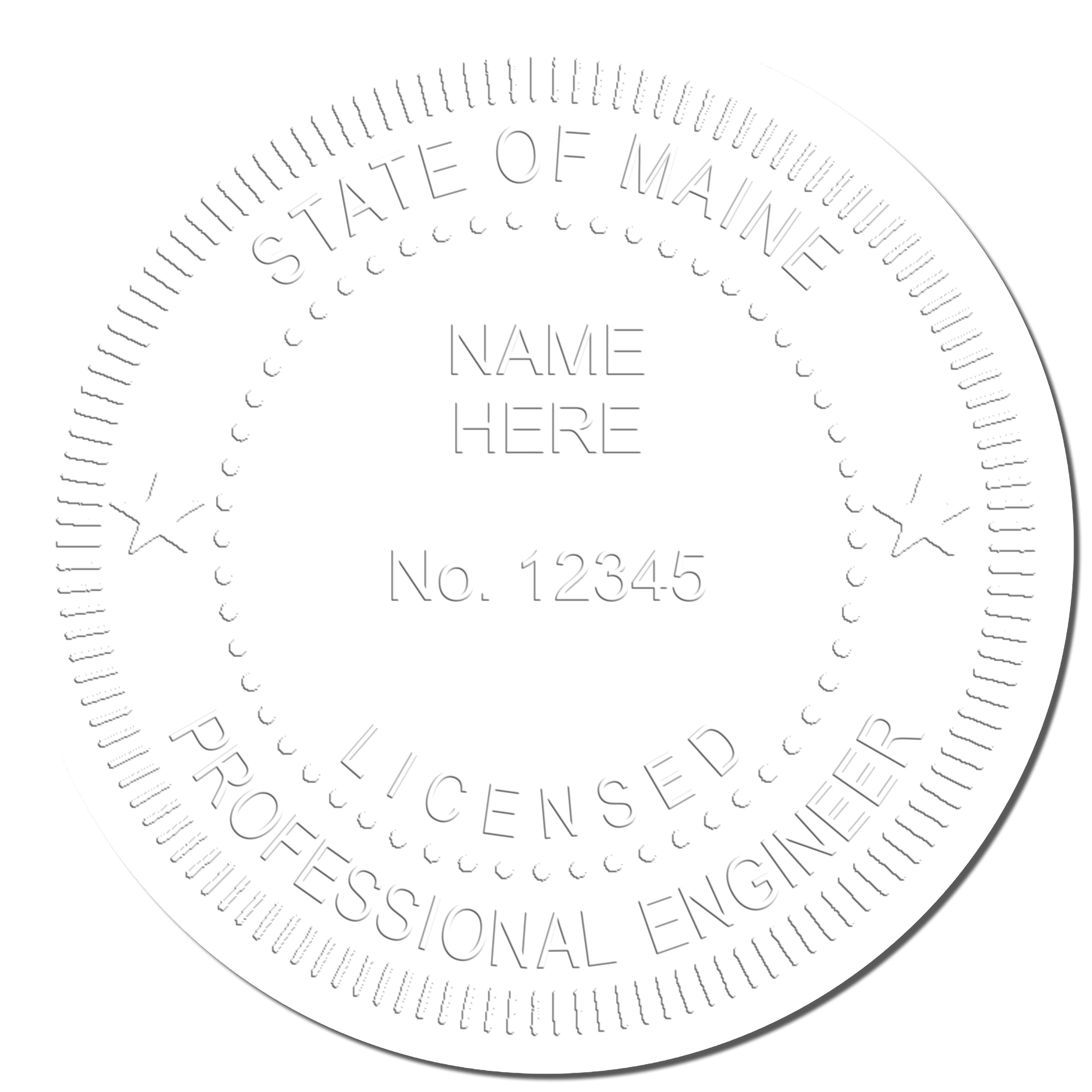 A photograph of the Handheld Maine Professional Engineer Embosser stamp impression reveals a vivid, professional image of the on paper.