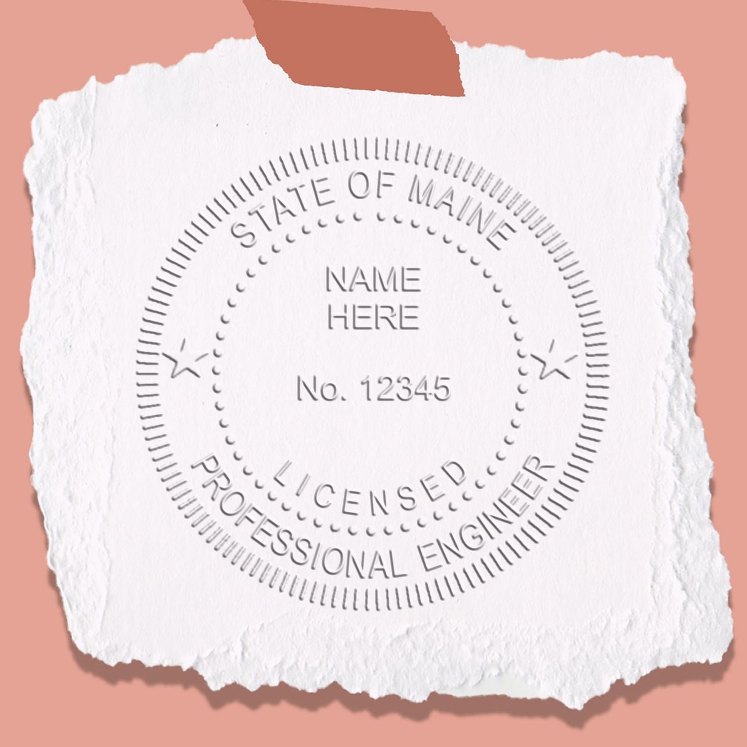 An alternative view of the State of Maine Extended Long Reach Engineer Seal stamped on a sheet of paper showing the image in use