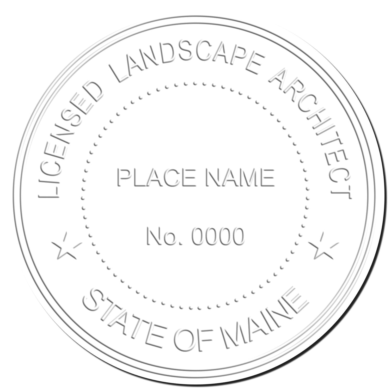 This paper is stamped with a sample imprint of the Maine Long Reach Landscape Architect Embossing Stamp, signifying its quality and reliability.