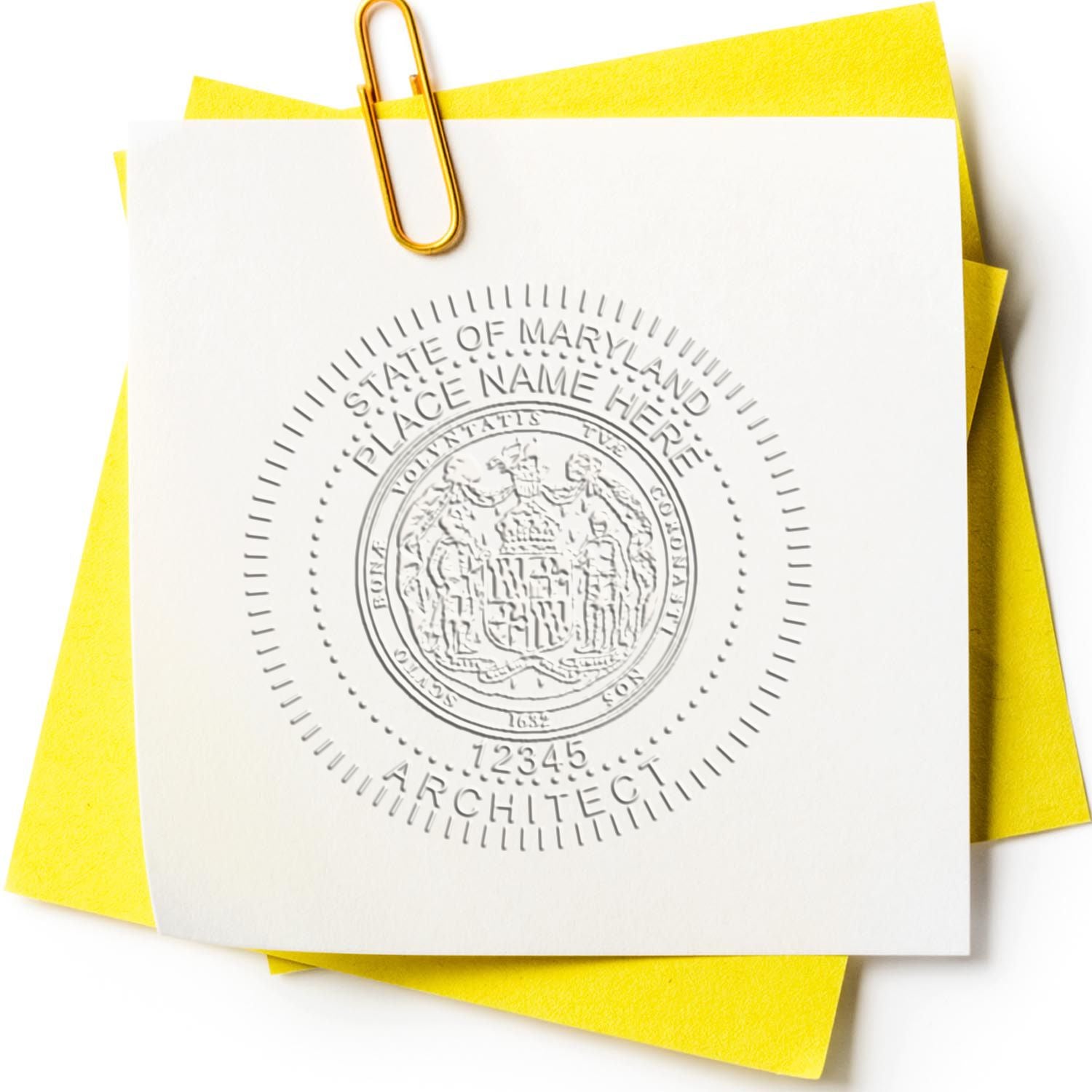 A photograph of the Hybrid Maryland Architect Seal stamp impression reveals a vivid, professional image of the on paper.