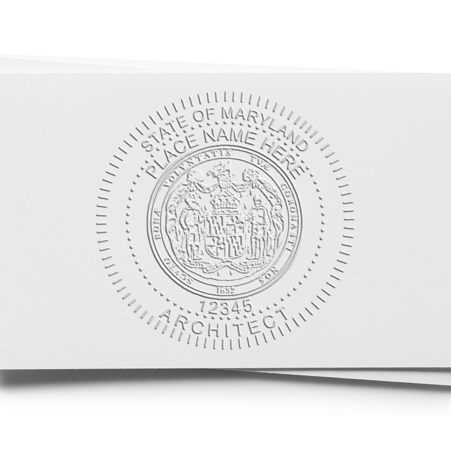 The State of Maryland Long Reach Architectural Embossing Seal stamp impression comes to life with a crisp, detailed photo on paper - showcasing true professional quality.