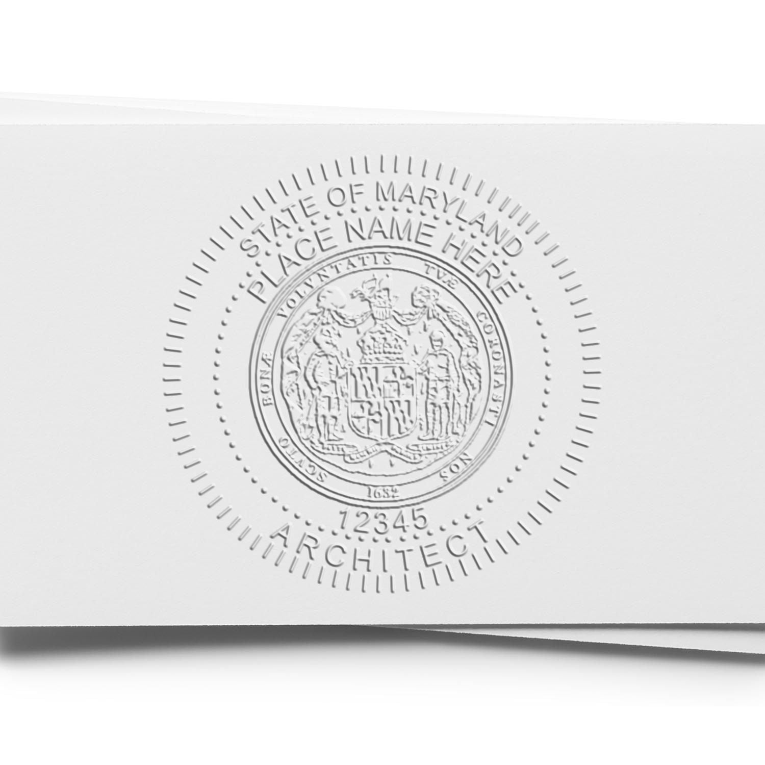 A lifestyle photo showing a stamped image of the Maryland Desk Architect Embossing Seal on a piece of paper