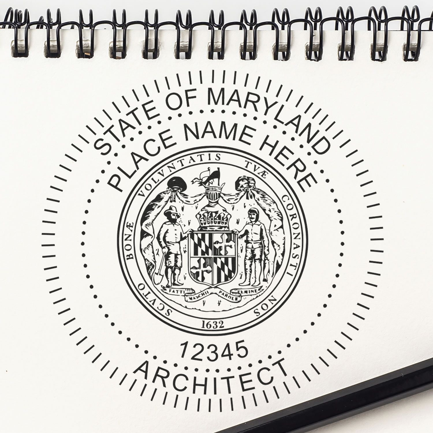 Self Inking Maryland Architect Stamp on white paper with black ink, featuring state seal and customizable name and number fields.