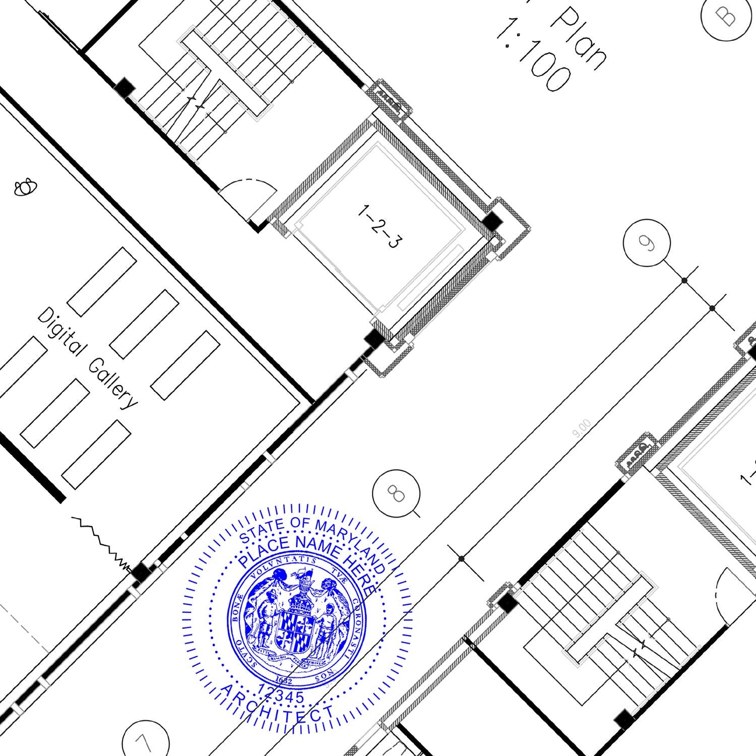 A photograph of the Slim Pre-Inked Maryland Architect Seal Stamp stamp impression reveals a vivid, professional image of the on paper.