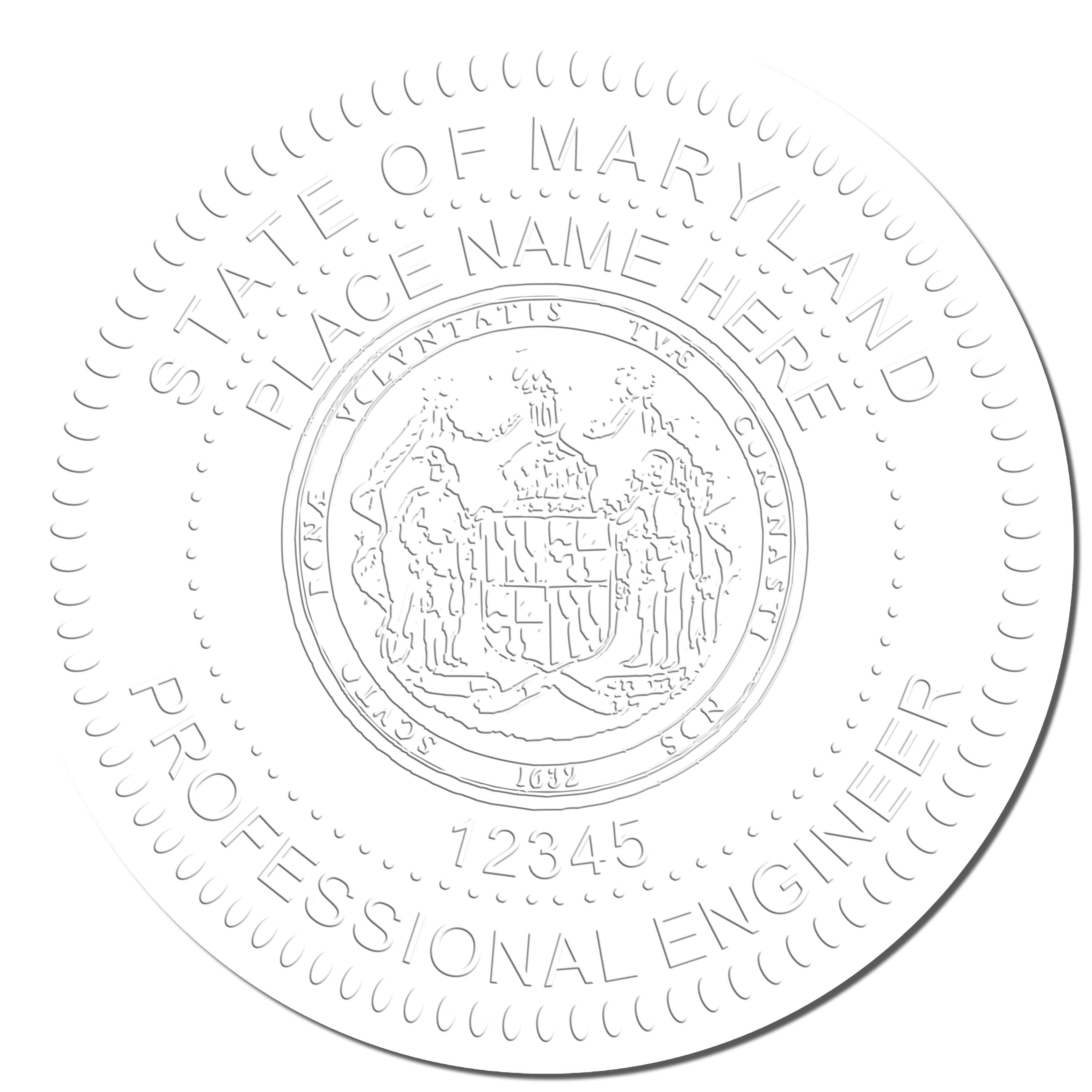 This paper is stamped with a sample imprint of the Heavy Duty Cast Iron Maryland Engineer Seal Embosser, signifying its quality and reliability.