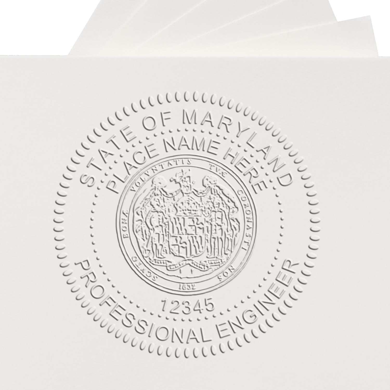 An alternative view of the Heavy Duty Cast Iron Maryland Engineer Seal Embosser stamped on a sheet of paper showing the image in use