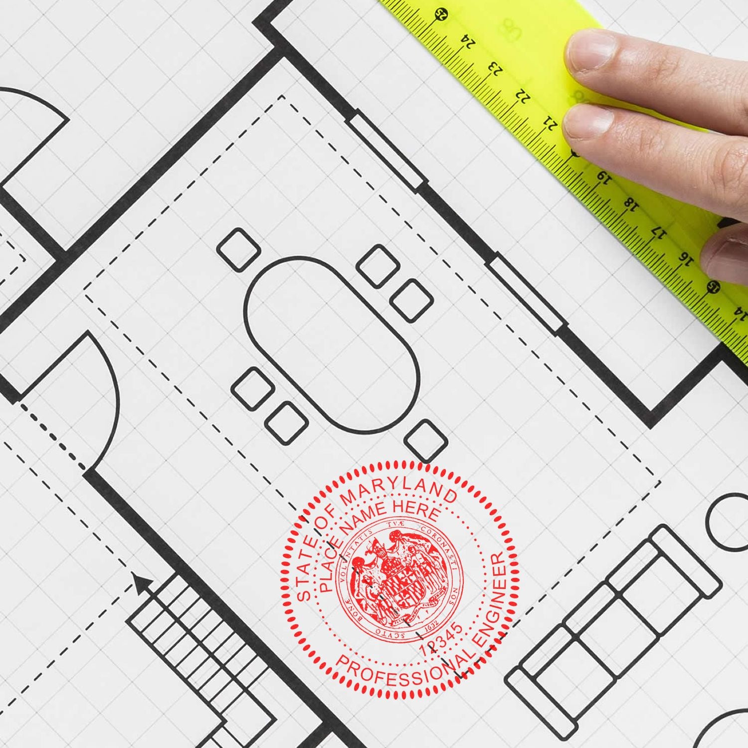 A stamped impression of the Maryland Professional Engineer Seal Stamp in this stylish lifestyle photo, setting the tone for a unique and personalized product.