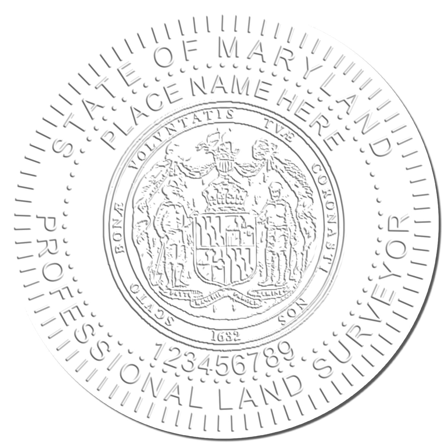 This paper is stamped with a sample imprint of the Extended Long Reach Maryland Surveyor Embosser, signifying its quality and reliability.