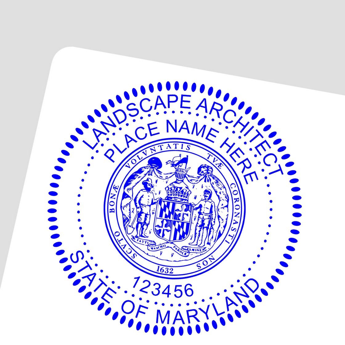 Maryland Landscape Architectural Seal Stamp in use photo showing a stamped imprint of the Maryland Landscape Architectural Seal Stamp