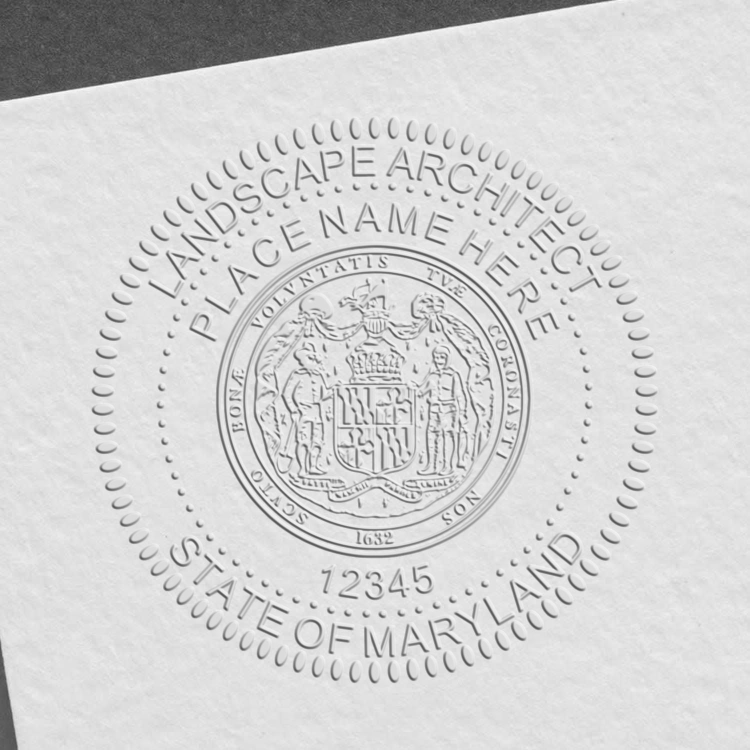 A photograph of the State of Maryland Handheld Landscape Architect Seal stamp impression reveals a vivid, professional image of the on paper.