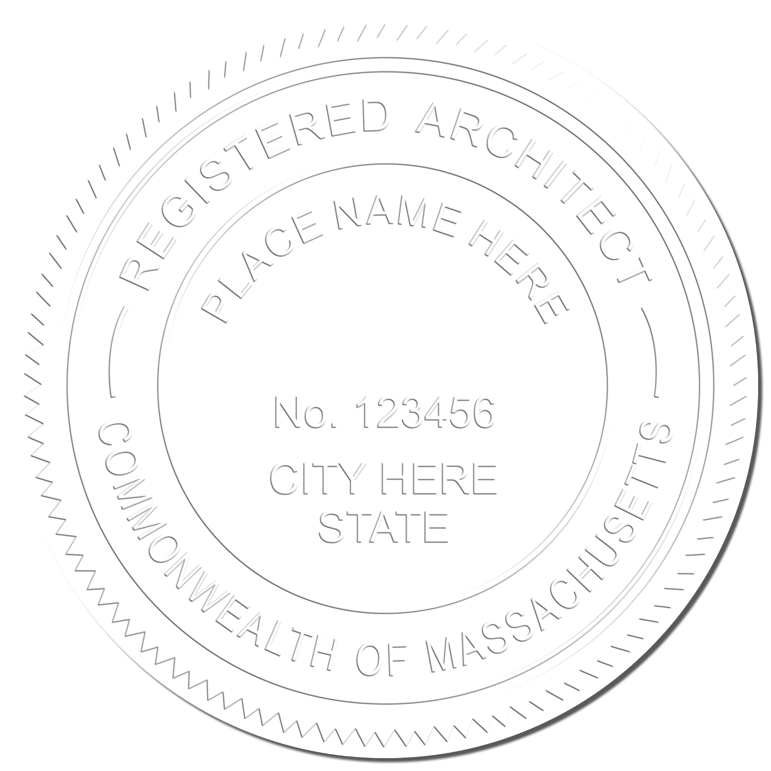 A stamped impression of the State of Massachusetts Long Reach Architectural Embossing Seal in this stylish lifestyle photo, setting the tone for a unique and personalized product.