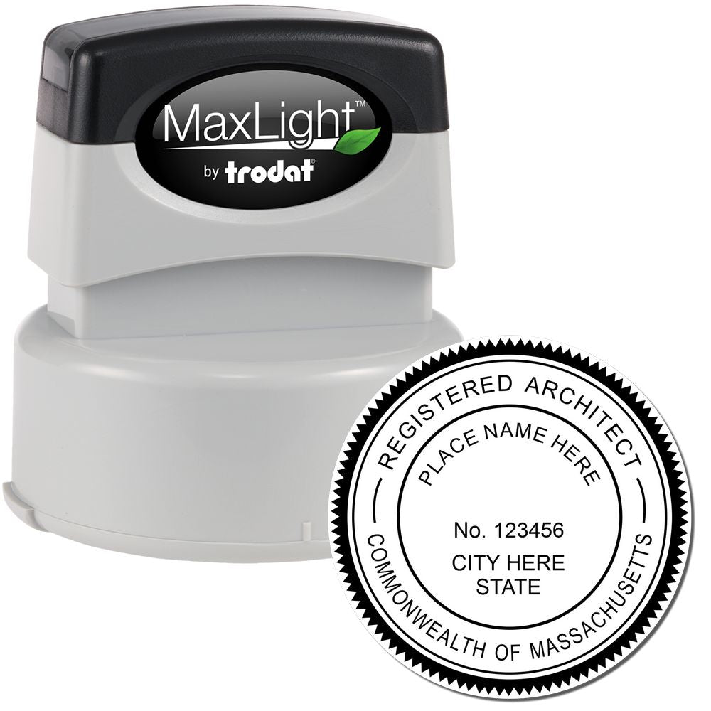 Premium MaxLight Pre-Inked Massachusetts Architectural Stamp, featuring a round design for registered architects, with customizable text fields.