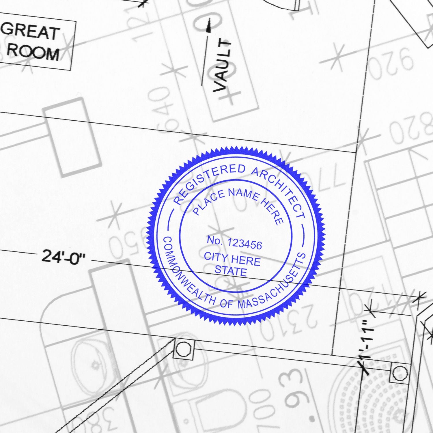 Self Inking Massachusetts Architect Stamp in blue ink on architectural blueprint with various room labels and measurements.