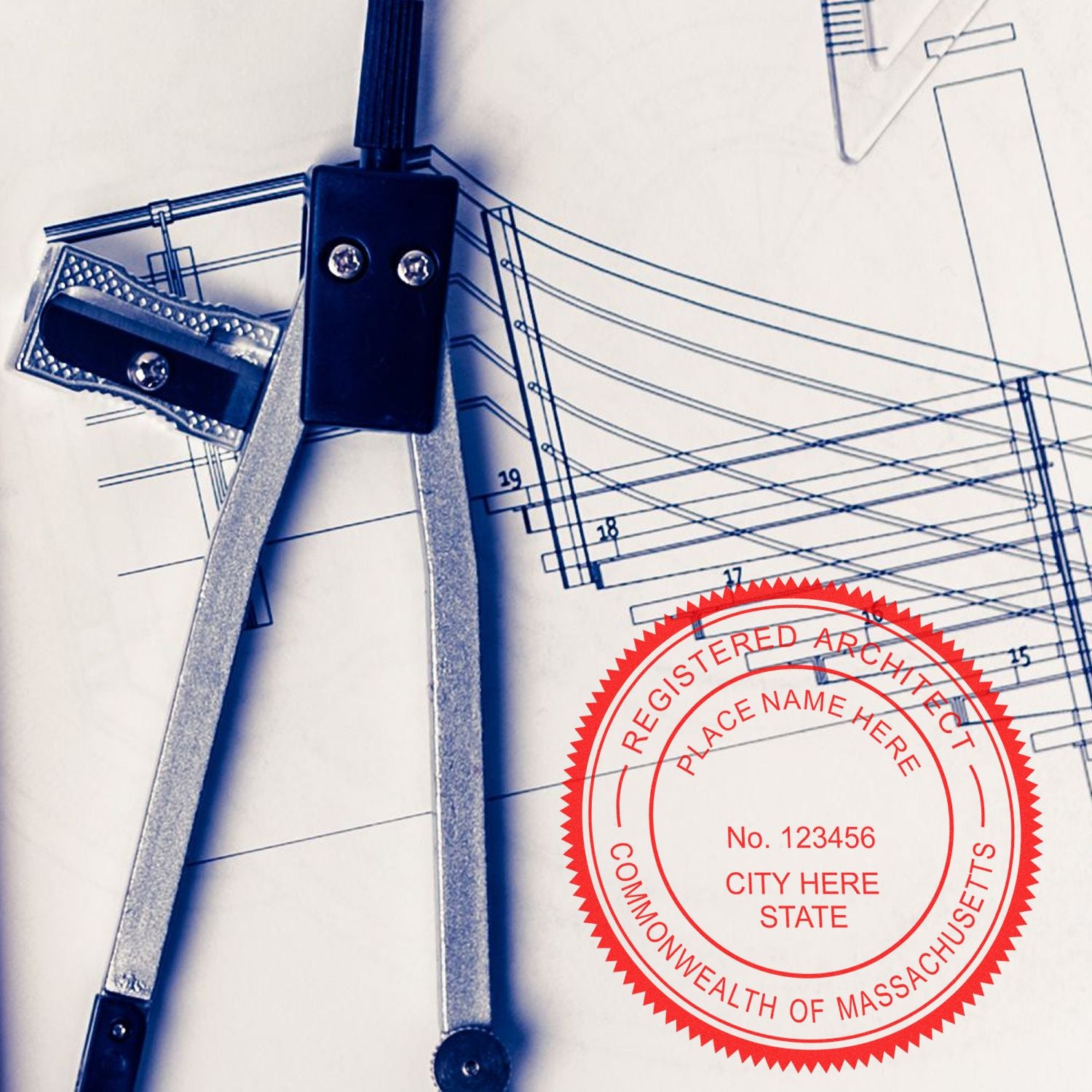 Self Inking Massachusetts Architect Stamp on architectural blueprints with a compass tool nearby.