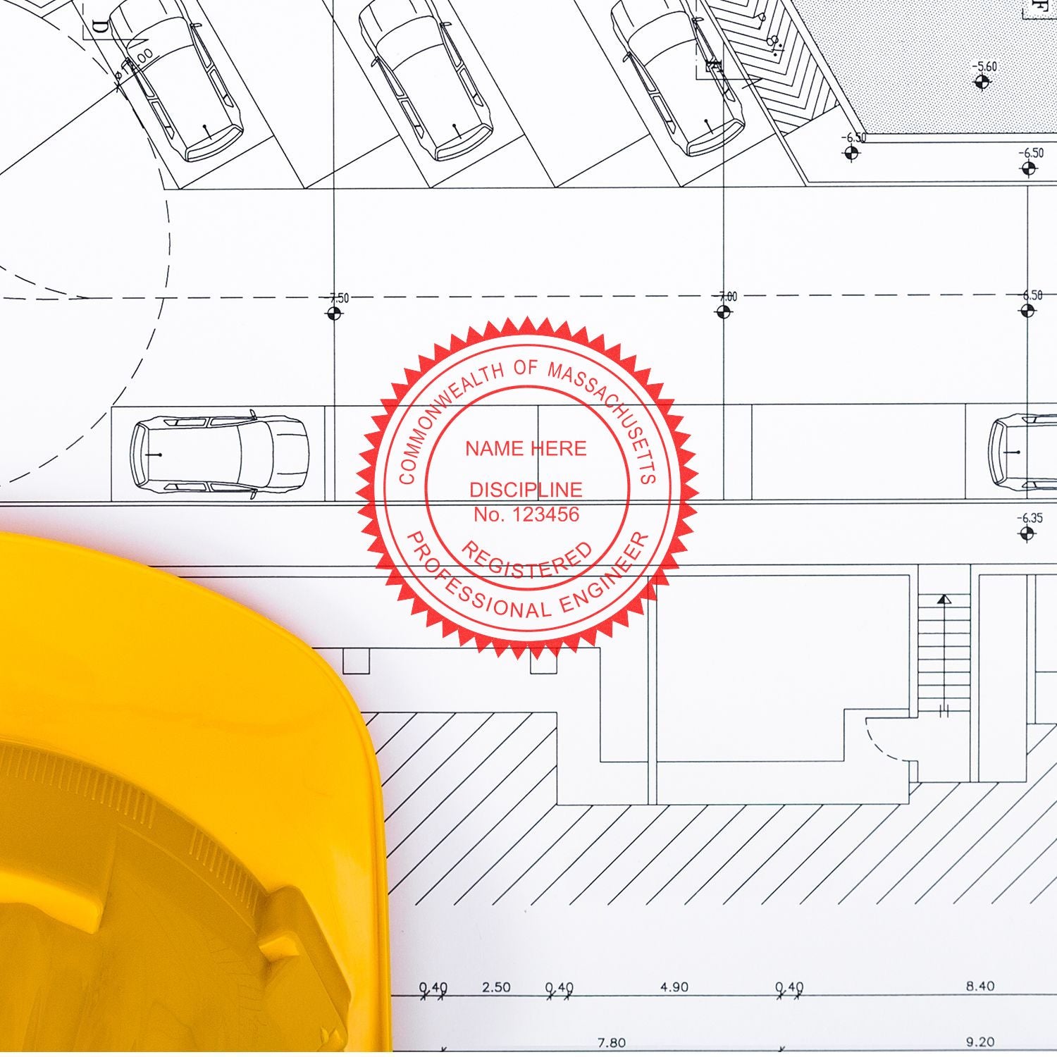 A photograph of the Massachusetts Professional Engineer Seal Stamp stamp impression reveals a vivid, professional image of the on paper.