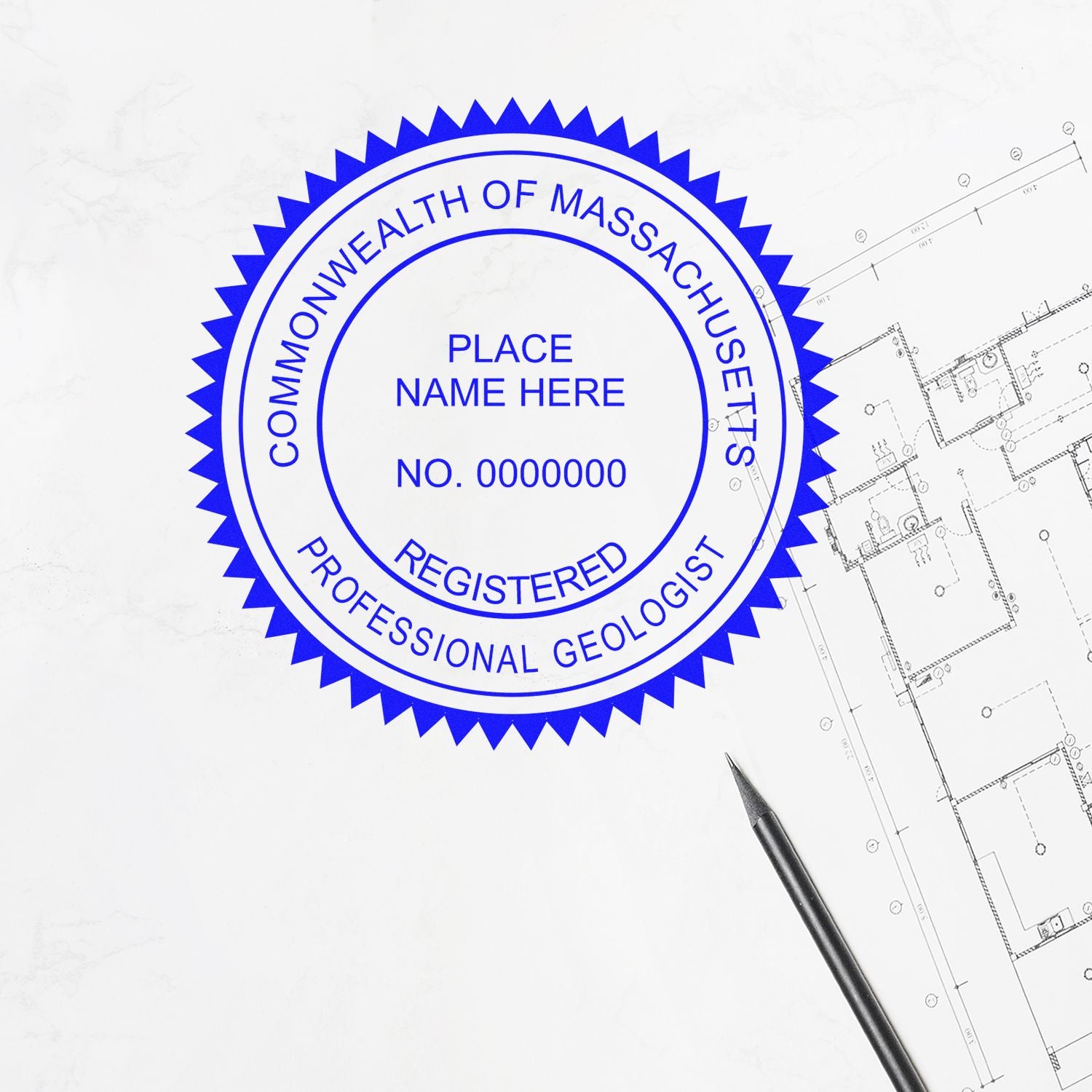 An alternative view of the Self-Inking Massachusetts Geologist Stamp stamped on a sheet of paper showing the image in use