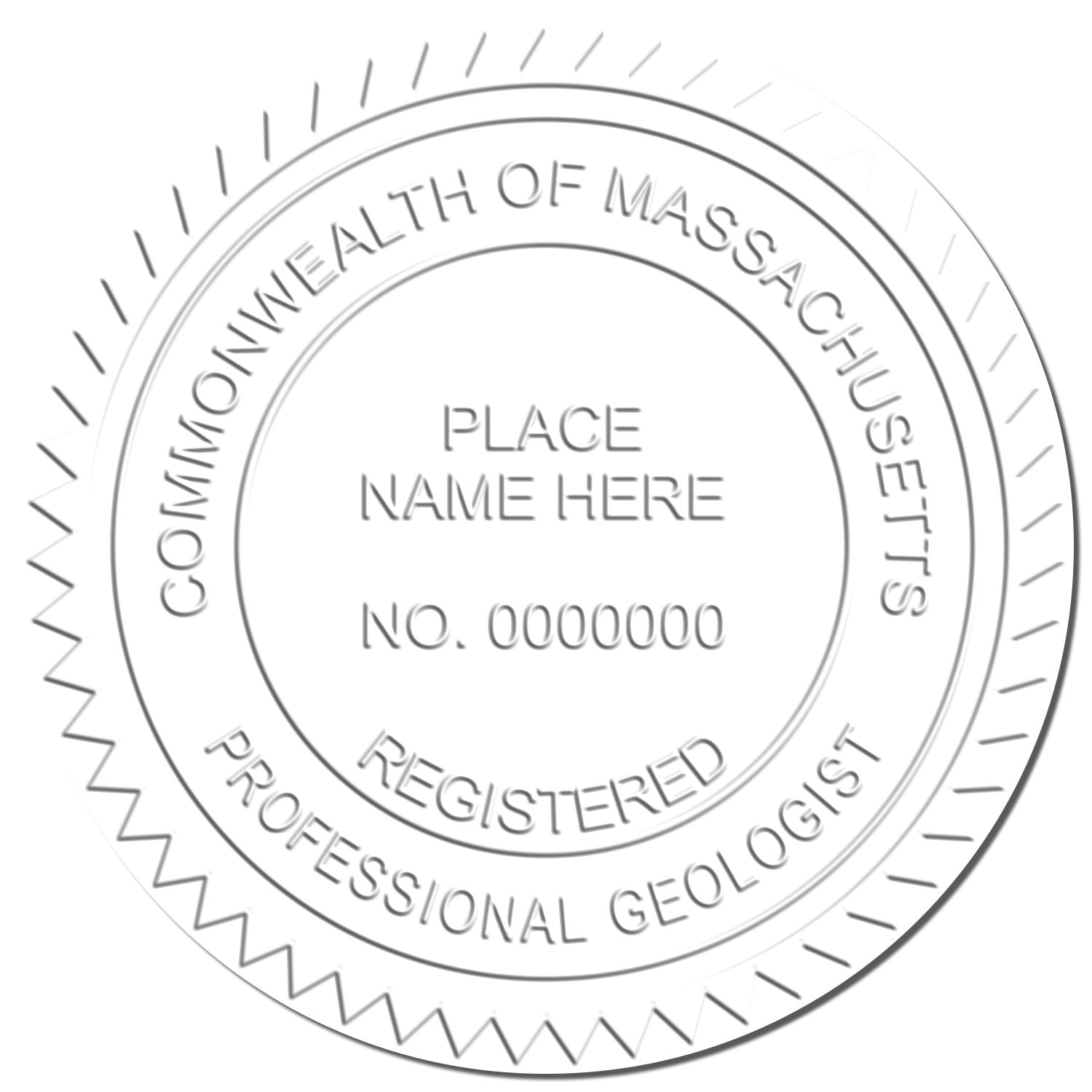 A photograph of the Hybrid Massachusetts Geologist Seal stamp impression reveals a vivid, professional image of the on paper.
