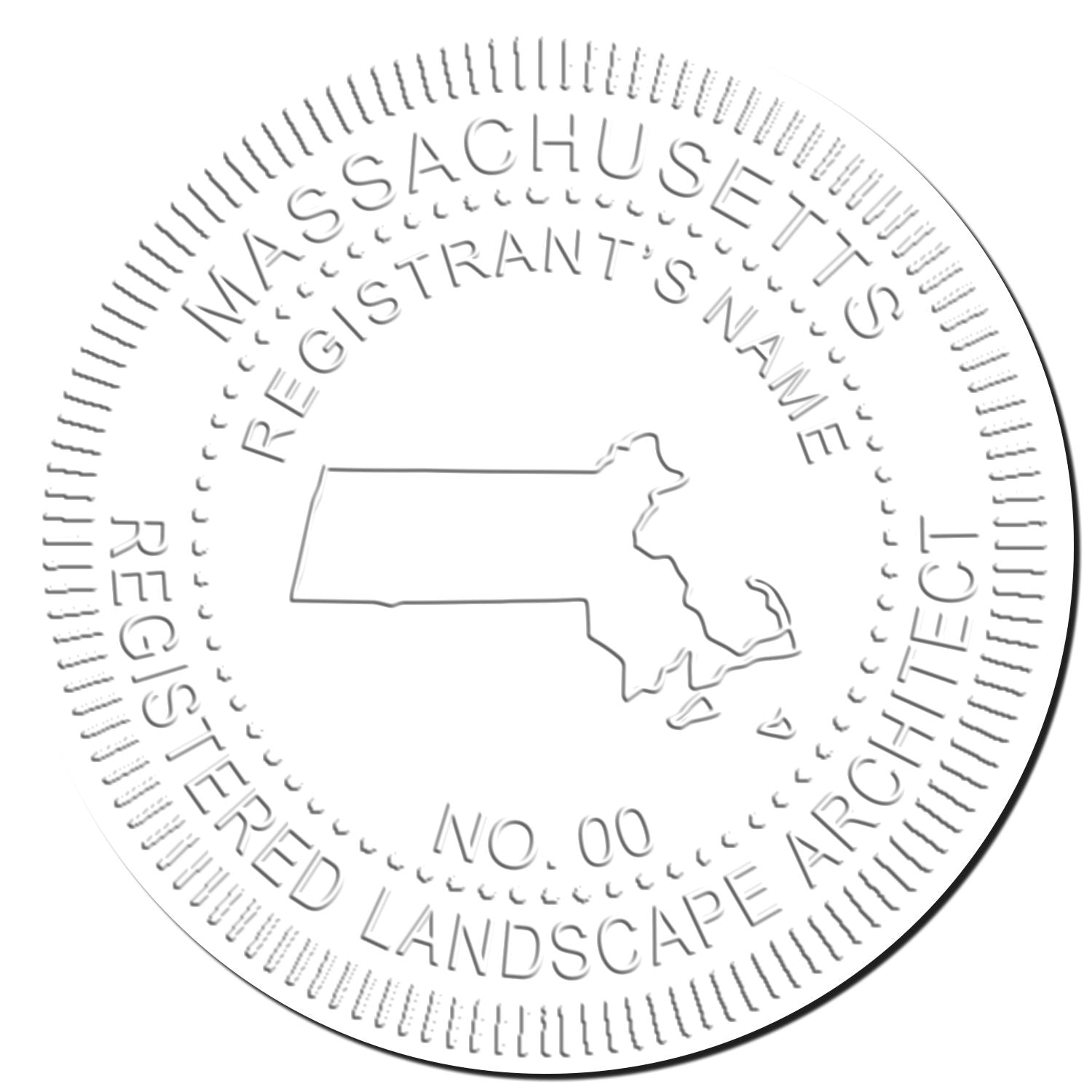 This paper is stamped with a sample imprint of the Soft Pocket Massachusetts Landscape Architect Embosser, signifying its quality and reliability.