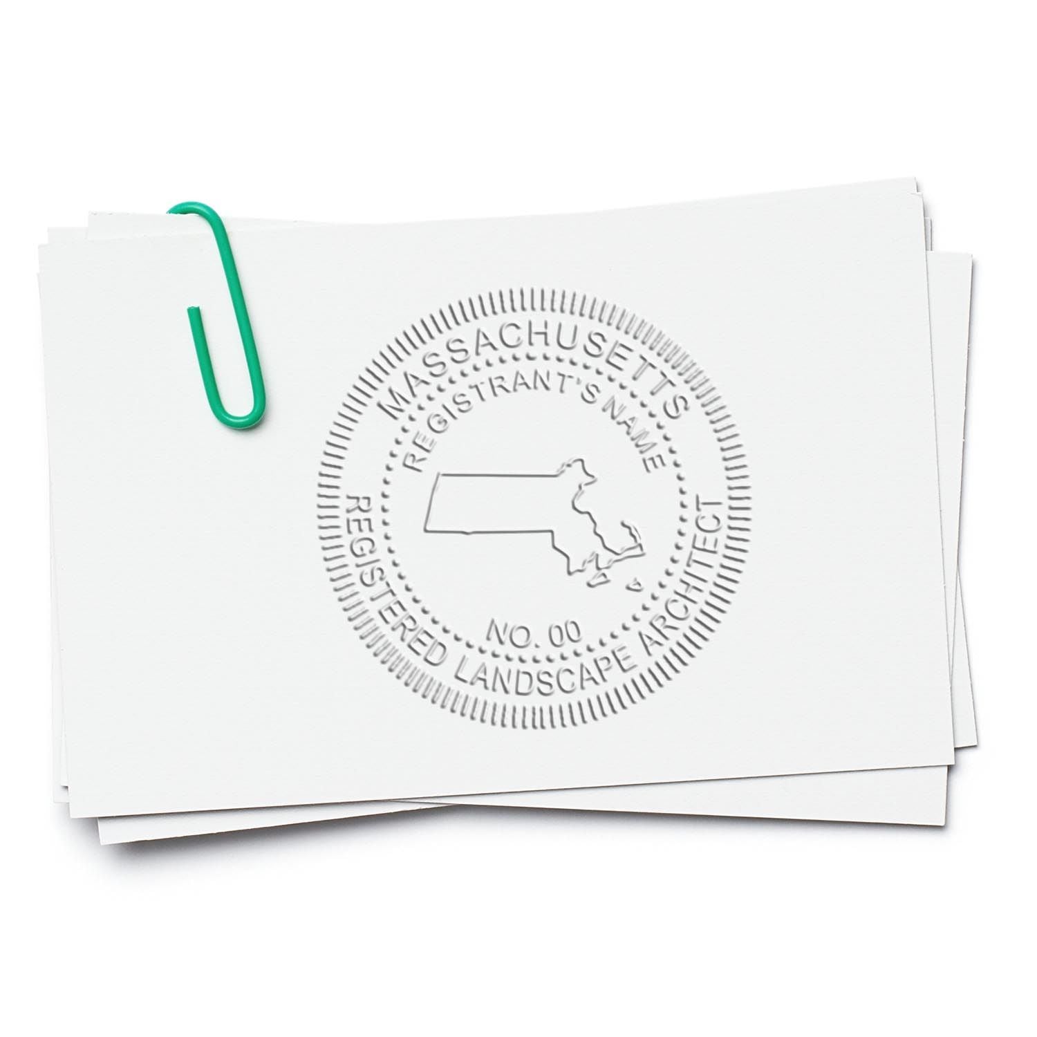 The State of Massachusetts Handheld Landscape Architect Seal stamp impression comes to life with a crisp, detailed photo on paper - showcasing true professional quality.