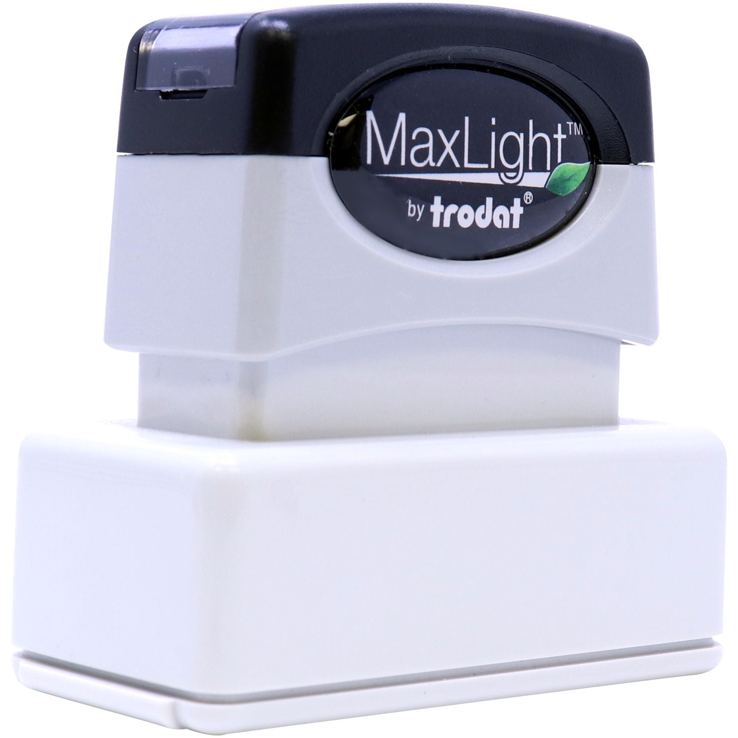 MaxLight XL2-115 Custom Pre-Inked Business Stamp 11/16 x 1-15/16 in white and black, shown from a front angle with the logo visible.