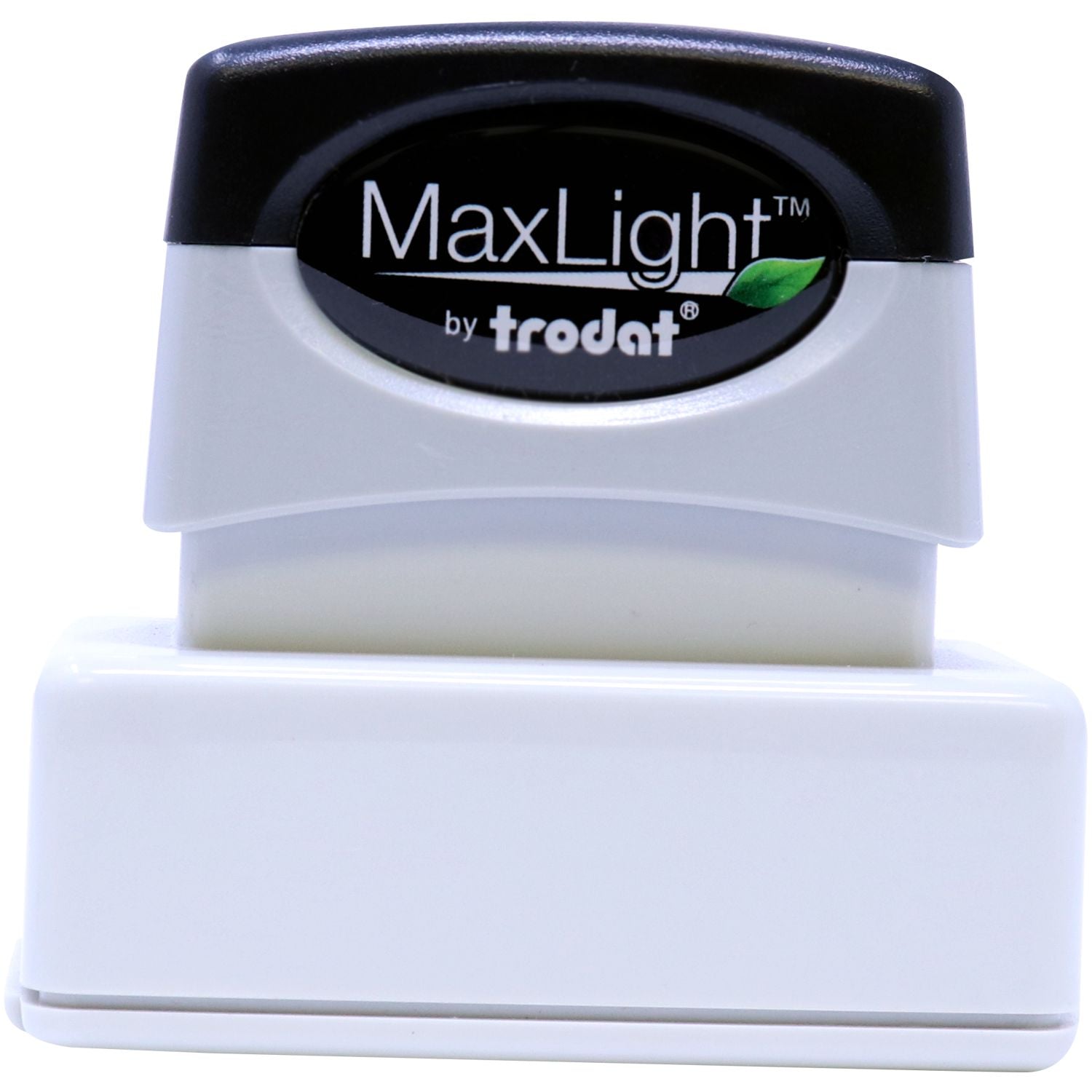 MaxLight XL2-115 Custom Pre-Inked Business Stamp 11/16 x 1-15/16, shown in a front view with a black and white design.