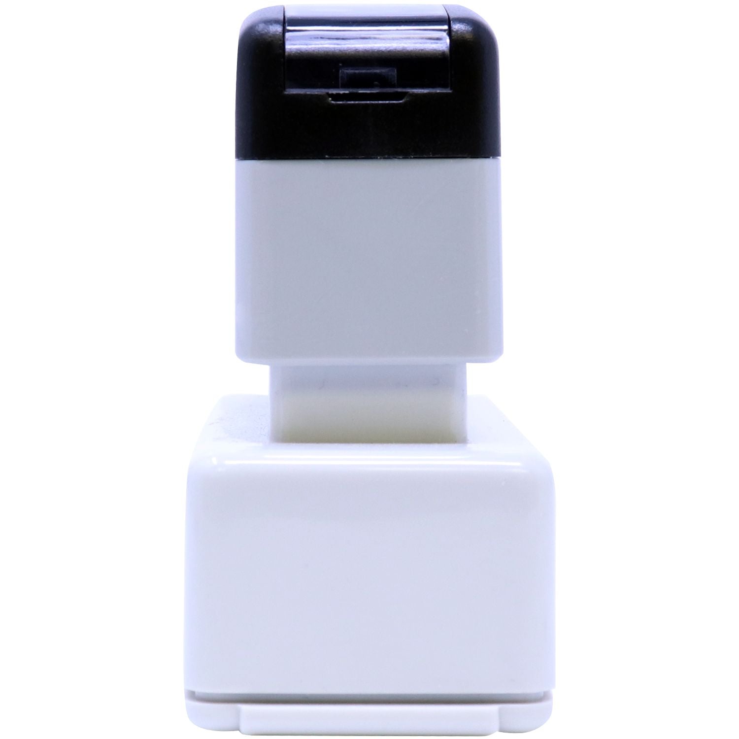 MaxLight XL2-115 Custom Pre-Inked Business Stamp 11/16 x 1-15/16, shown in a side view with a white base and black top.