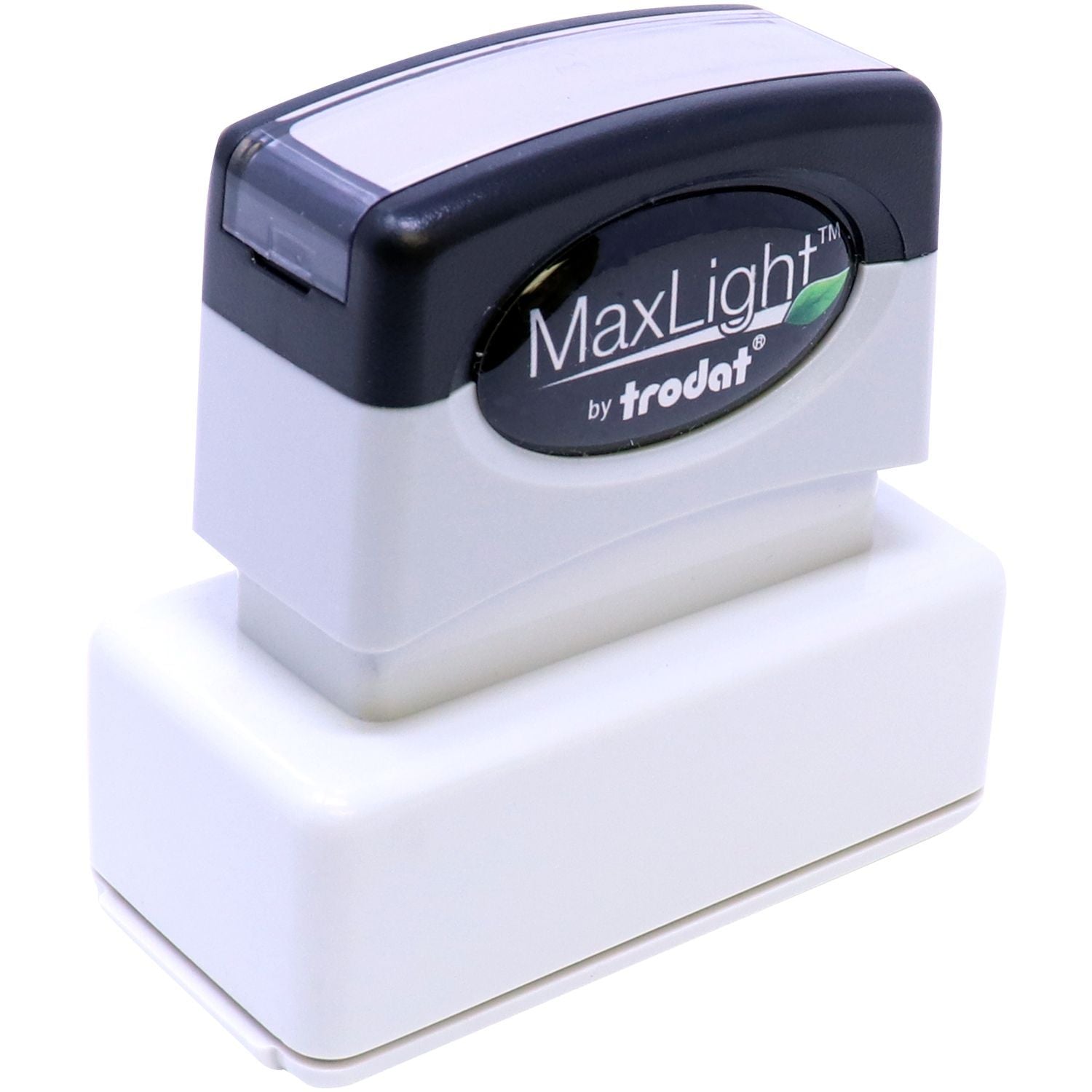 MaxLight XL2-115 Custom Pre-Inked Business Stamp 11/16 x 1-15/16, shown from a top-front angle, featuring a sleek black and white design.