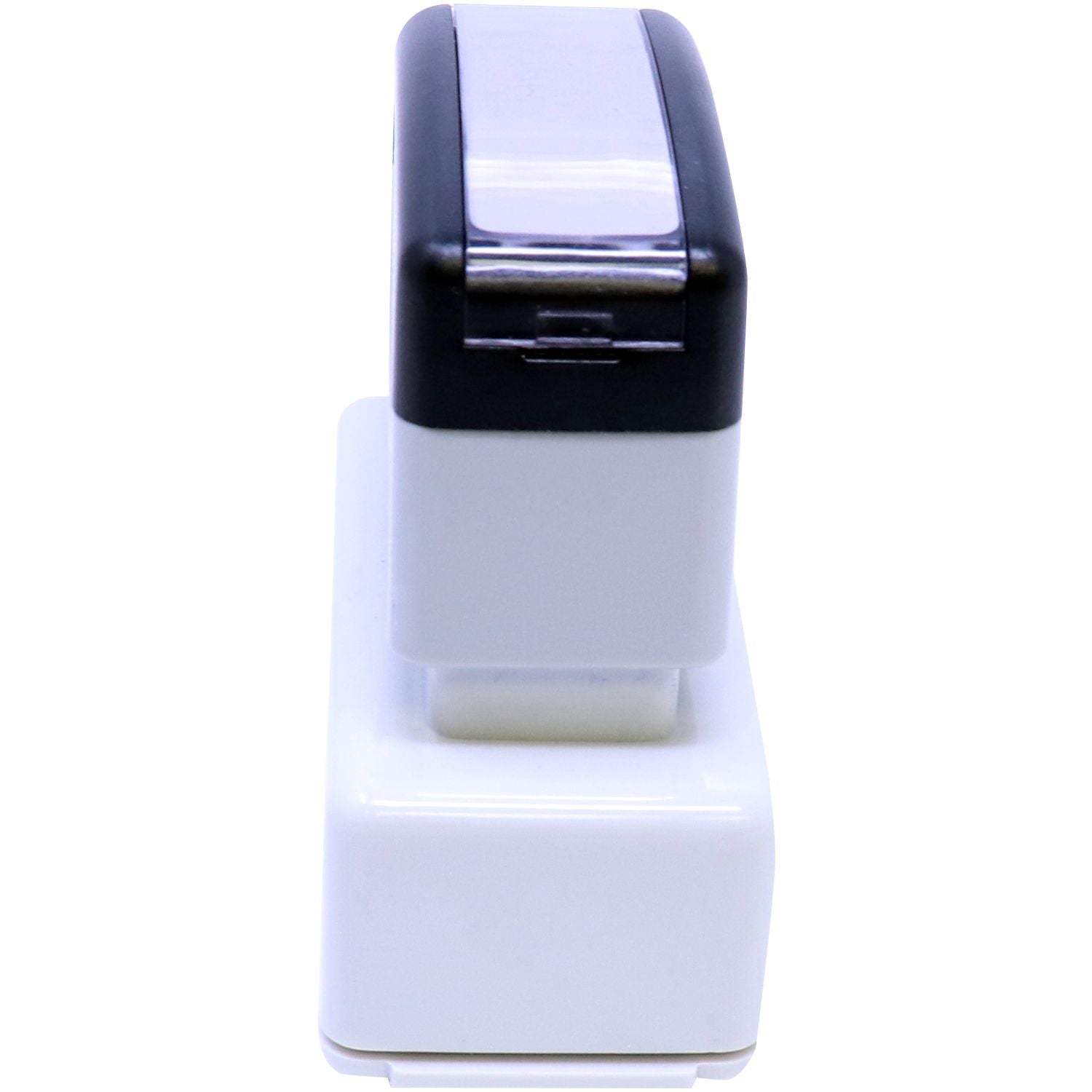 MaxLight XL2-115 Custom Pre-Inked Business Stamp 11/16 x 1-15/16, shown from the top and side, featuring a sleek black and white design.