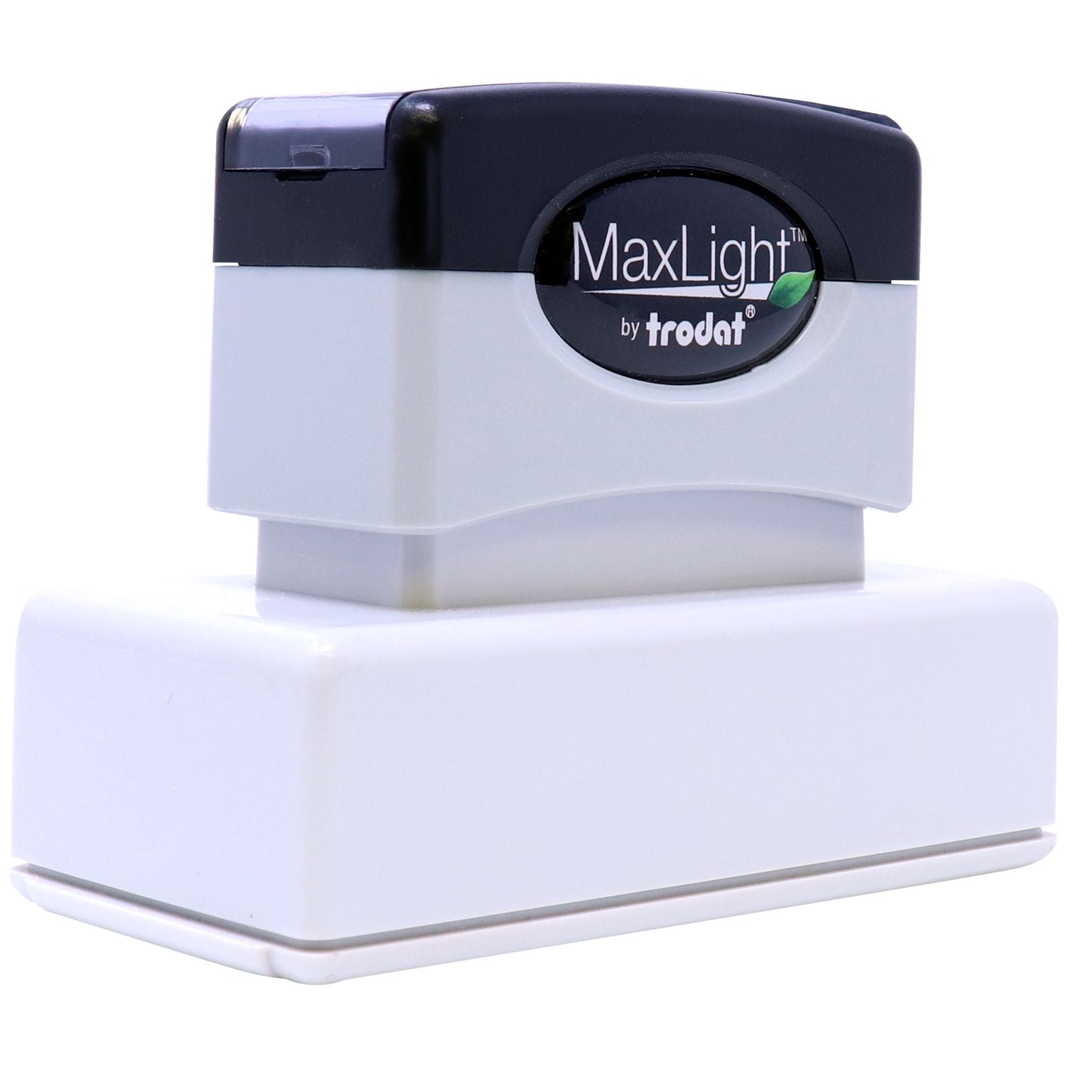 MaxLight XL2-185 Custom Pre-Inked Business Stamp 15/16 x 2-3/4, shown in a front angle view with a black and white design.