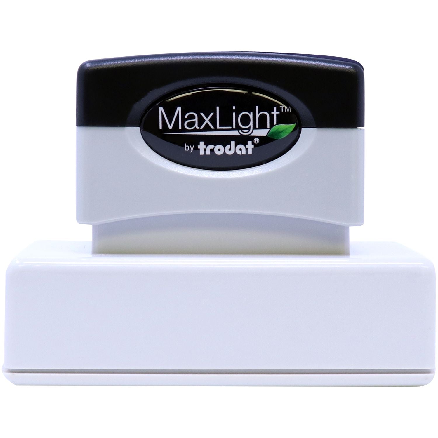 MaxLight XL2-185 Custom Pre-Inked Business Stamp 15/16 x 2-3/4, black and white, front view with MaxLight logo on top.