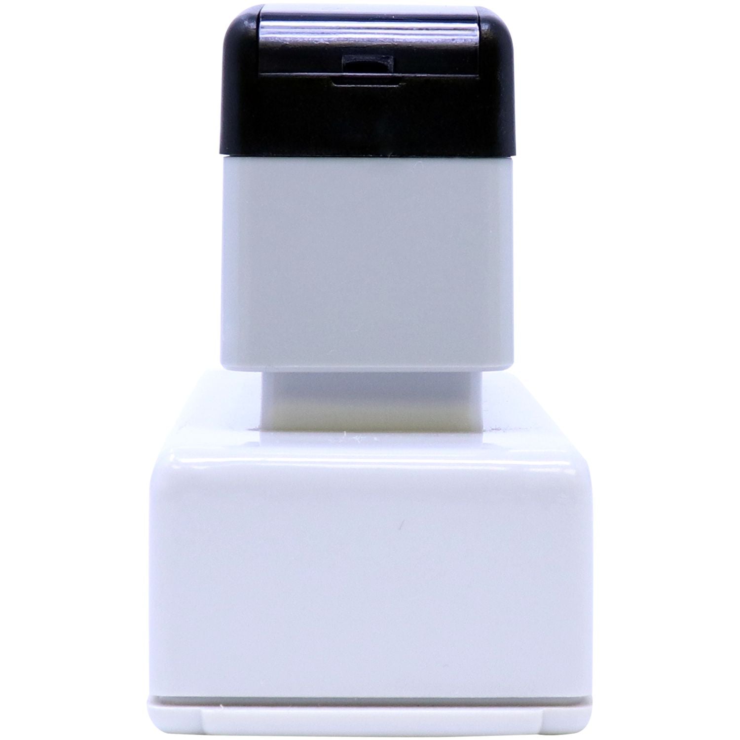 MaxLight XL2-185 Custom Pre-Inked Business Stamp 15/16 x 2-3/4, white body with black top, side view.