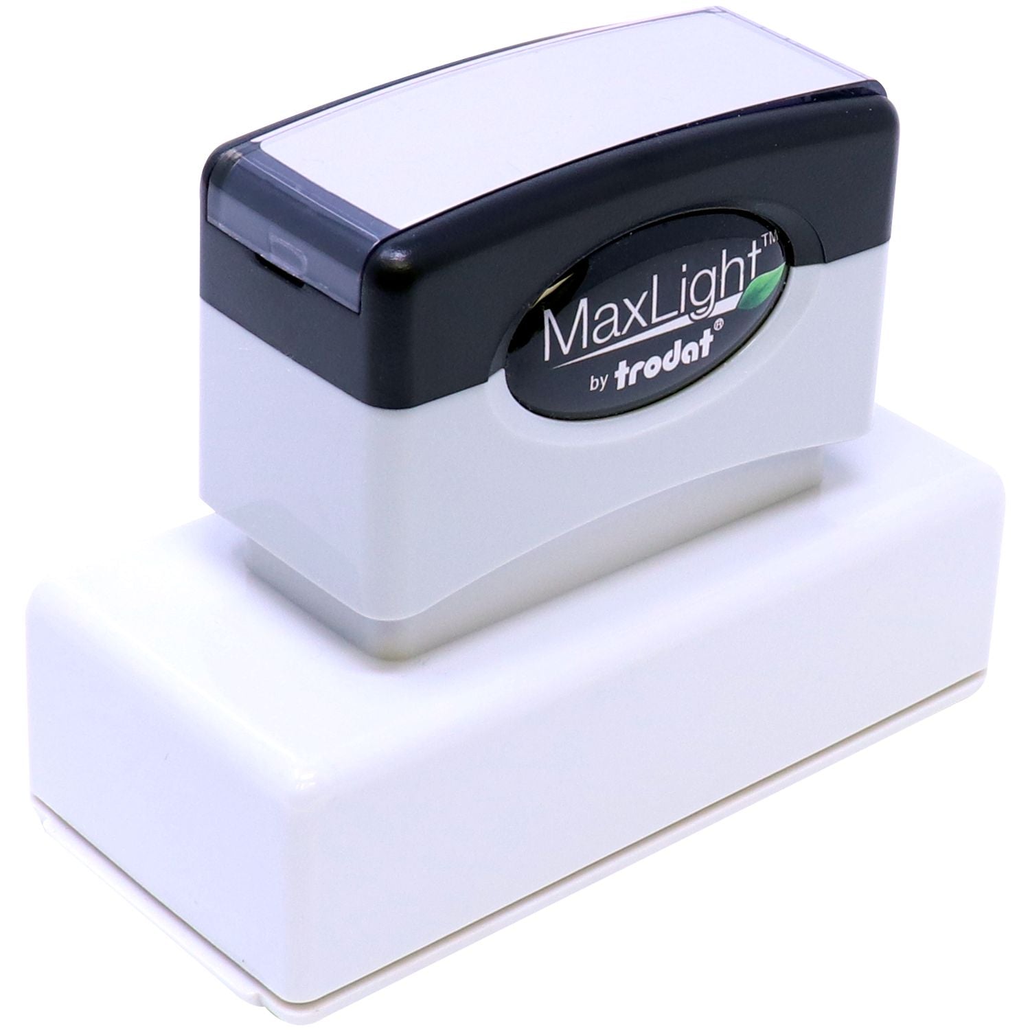 MaxLight XL2-185 Custom Pre-Inked Business Stamp 15/16 x 2-3/4, shown from a top front angle, with a black and gray design on a white base.