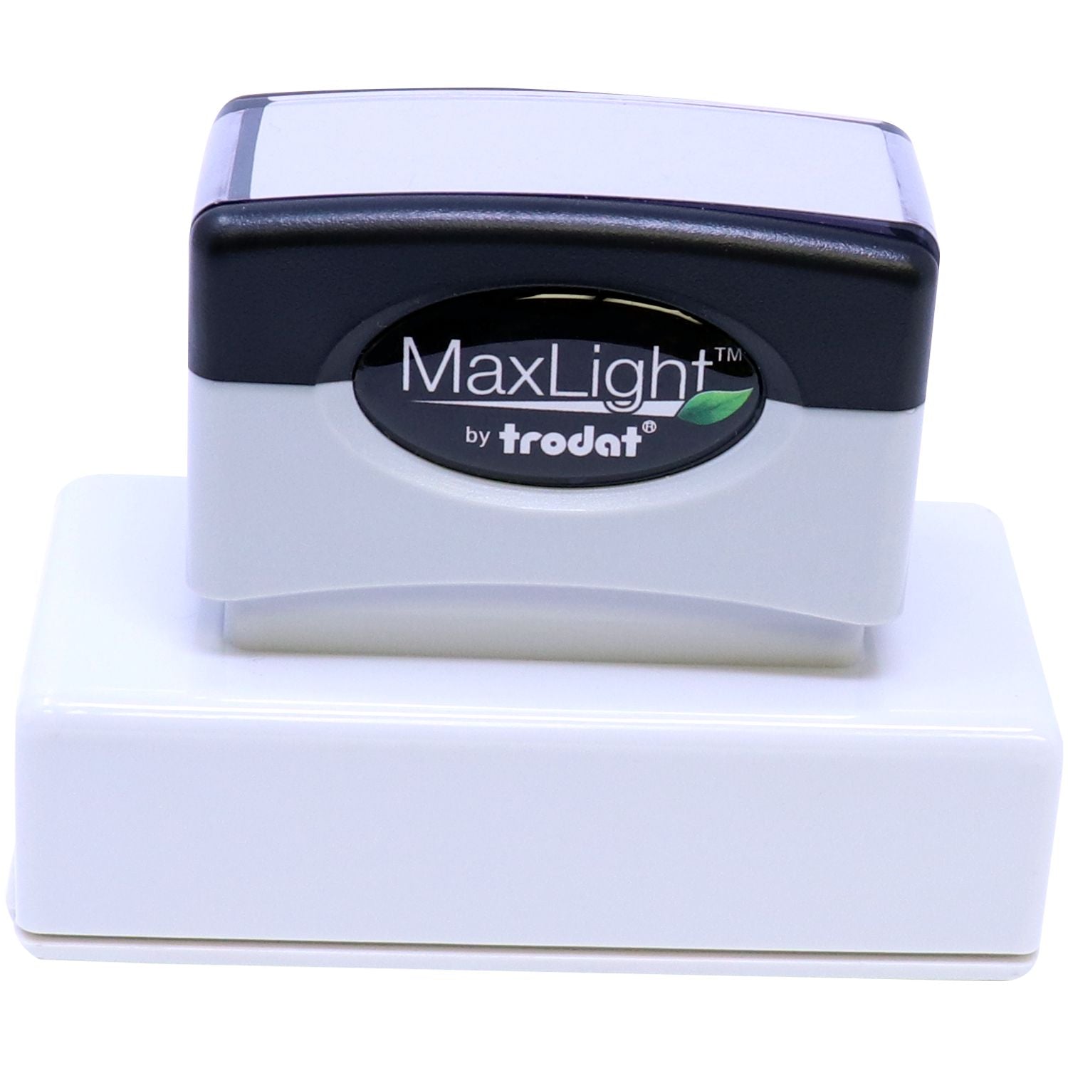 MaxLight XL2-185 Custom Pre-Inked Business Stamp 15/16 x 2-3/4, shown with a black and white design, resting on a white base.