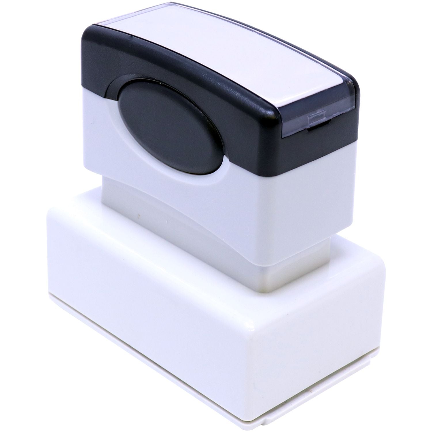 MaxLight XL2-245 Custom Pre-Inked Business Stamp 1-1/4 x 3-3/16, shown from a back-side angle, featuring a sleek black and white design.