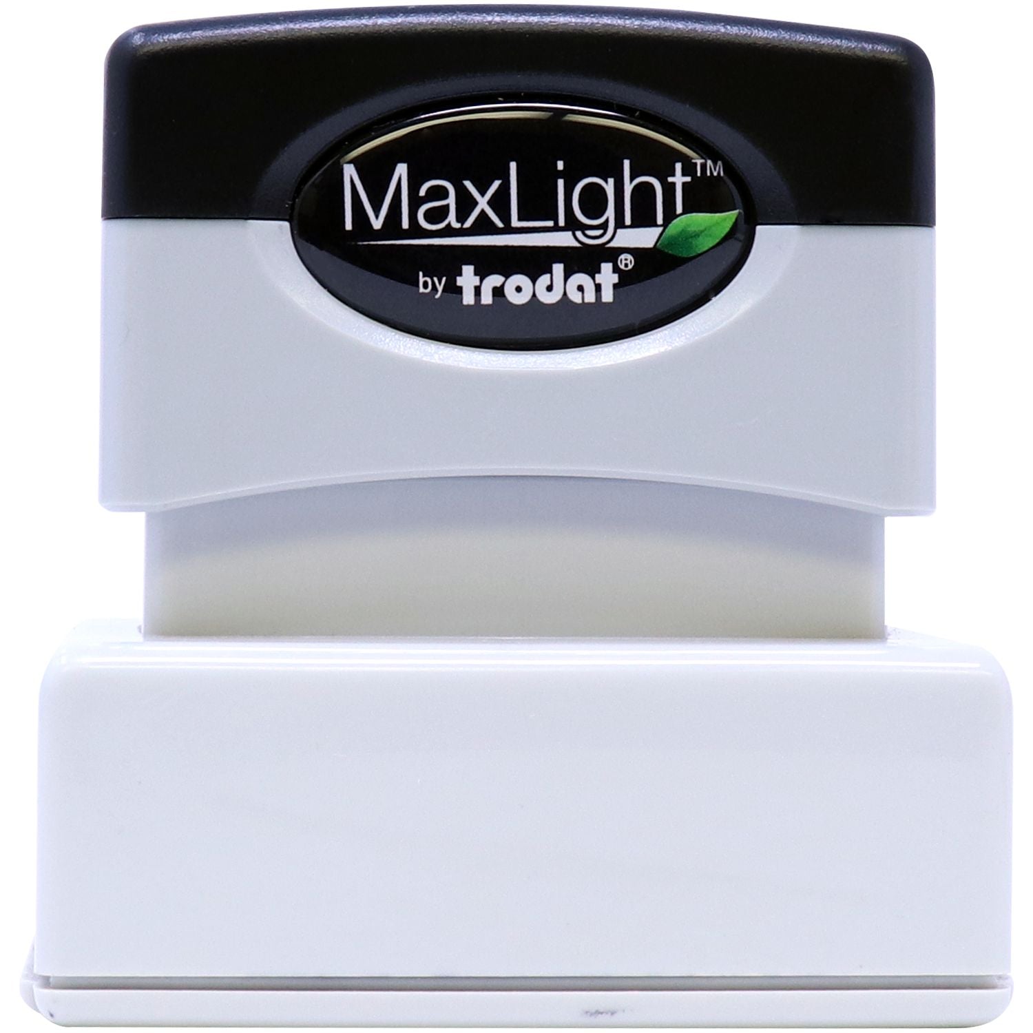 MaxLight XL2-245 Custom Pre-Inked Business Stamp 1-1/4 x 3-3/16, front view, black and white design with MaxLight logo on top.