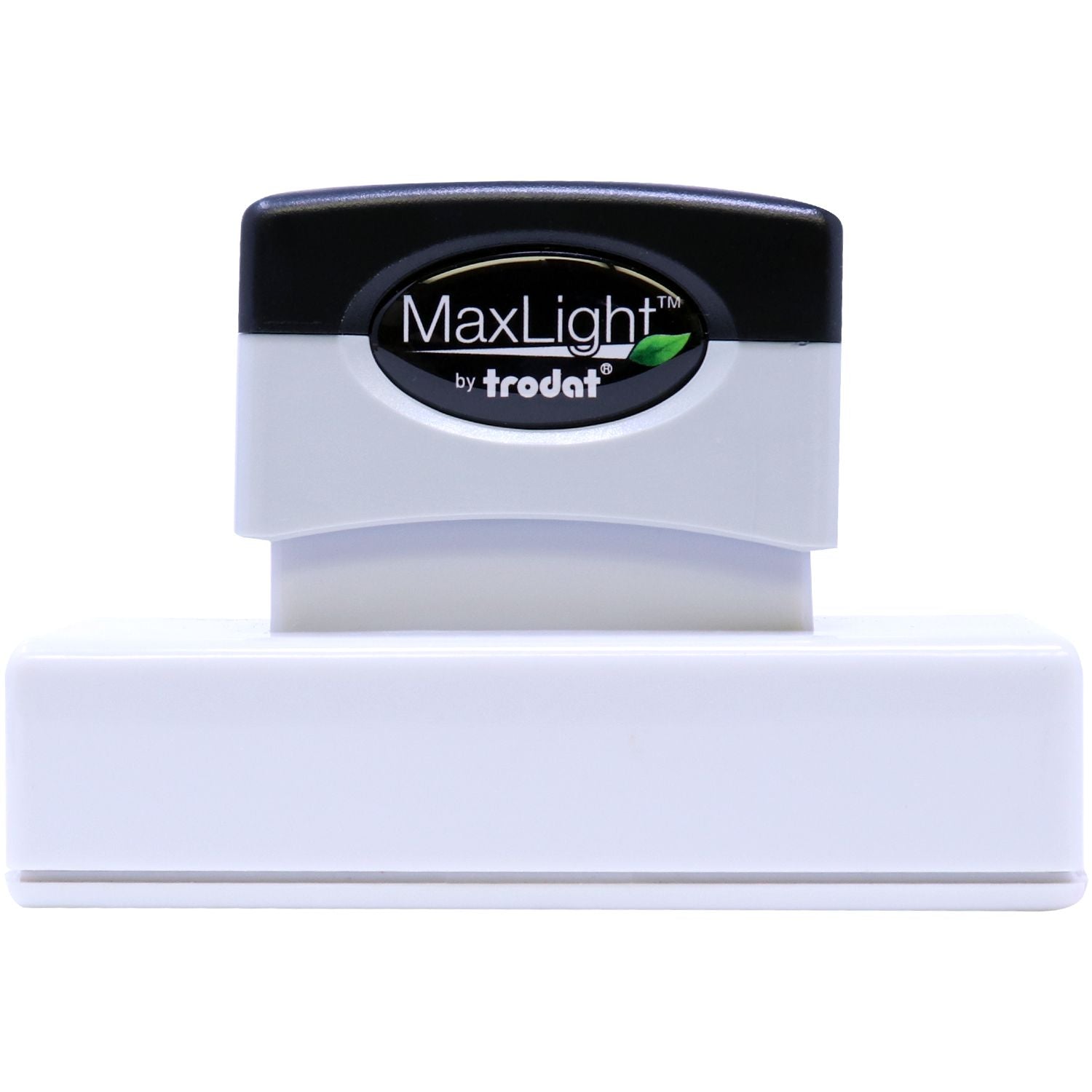 MaxLight XL2-265 Custom Pre-Inked Business Stamp 11/16 x 3-5/16, featuring a sleek black and white design with the MaxLight logo on top.