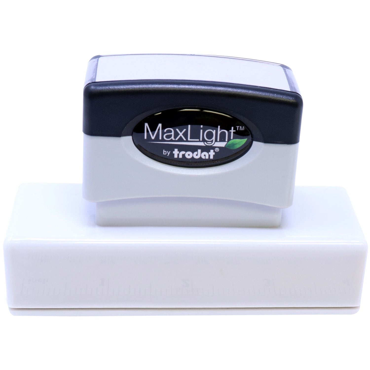 MaxLight XL2-265 Custom Pre-Inked Business Stamp 11/16 x 3-5/16, shown in black and white, with a clear base for precise stamping.