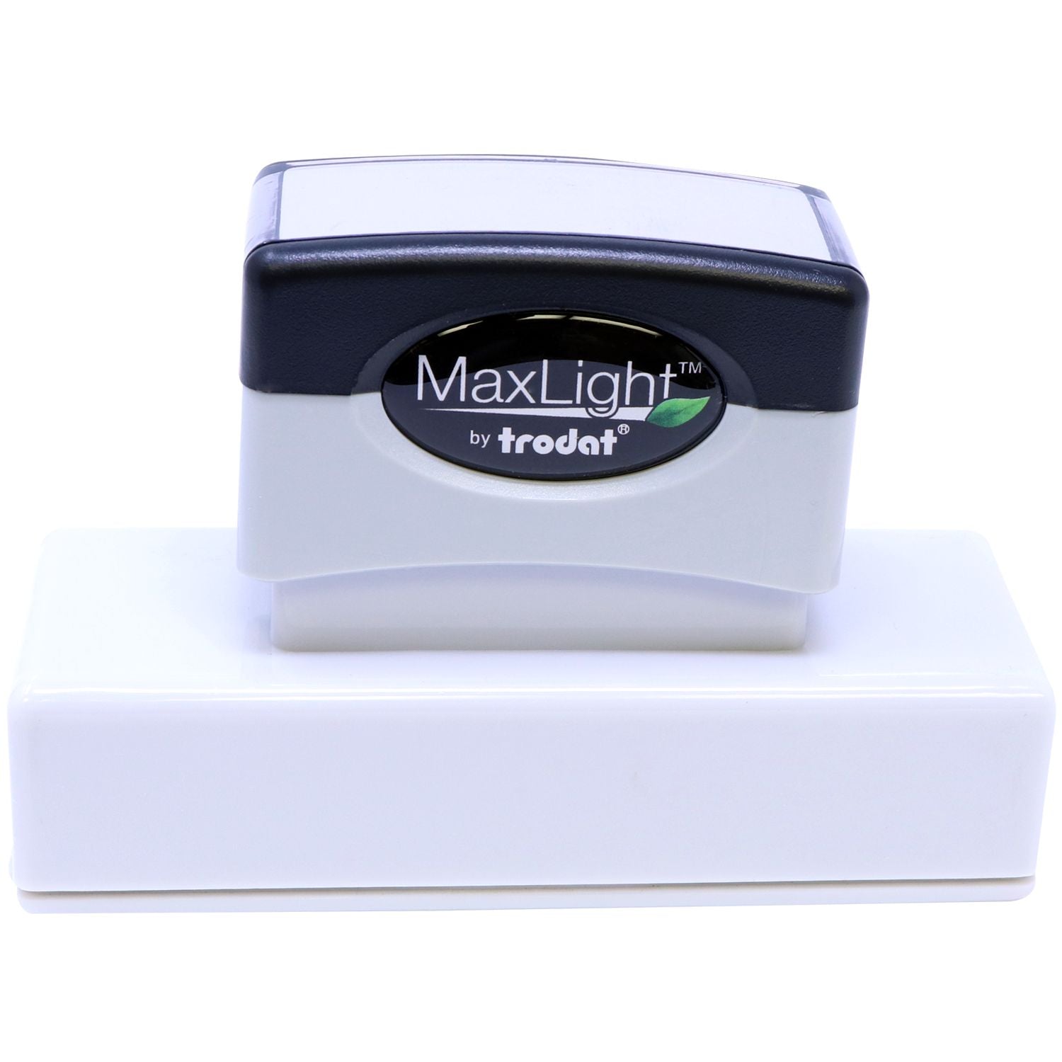 MaxLight XL2-265 Custom Pre-Inked Business Stamp 11/16 x 3-5/16, shown in black and white with a clear base, ready for use.