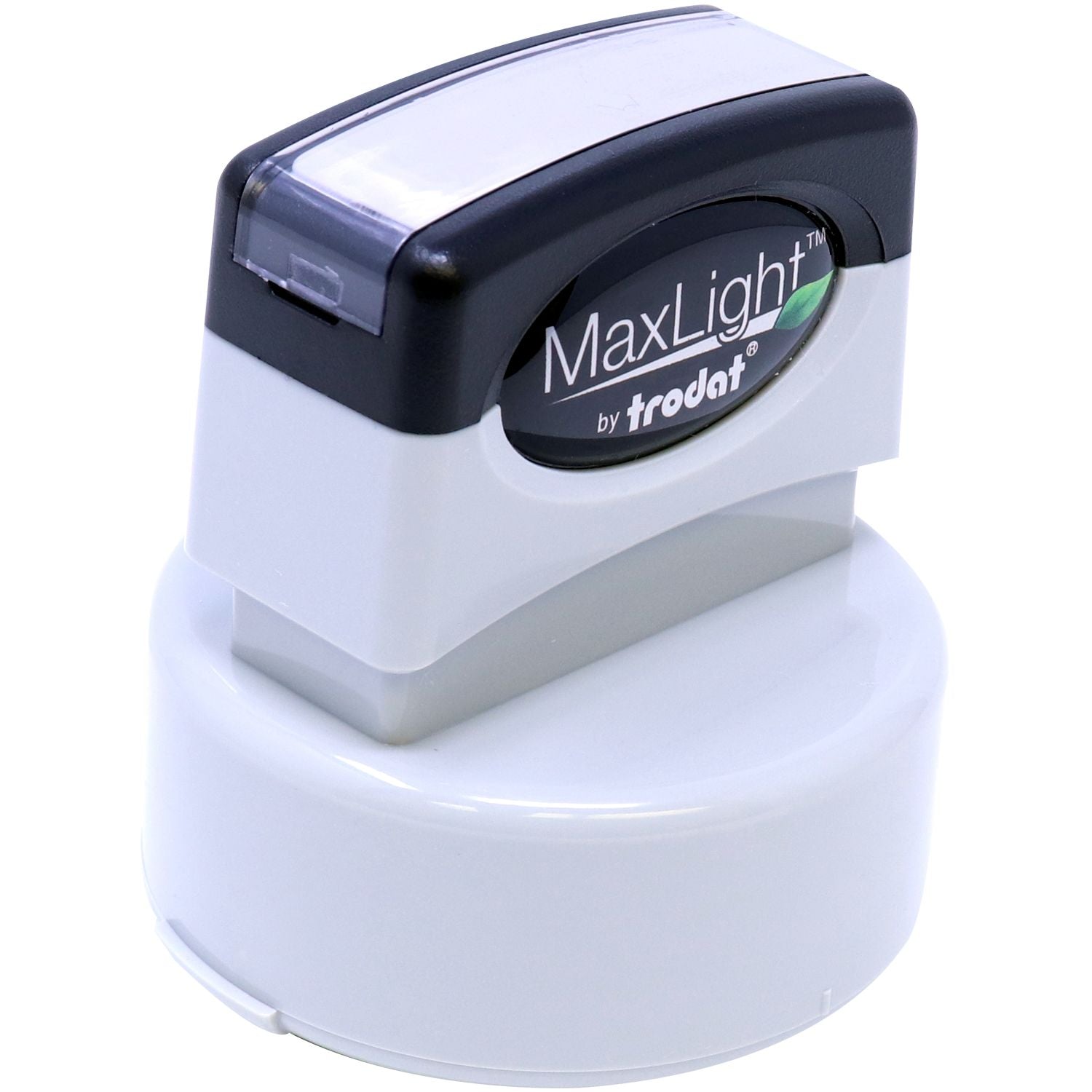 MaxLight XL2-535 Custom Pre-Inked Business Stamp 1-5/8 Diameter, shown from a side angle, featuring a black and white design with a clear cover.