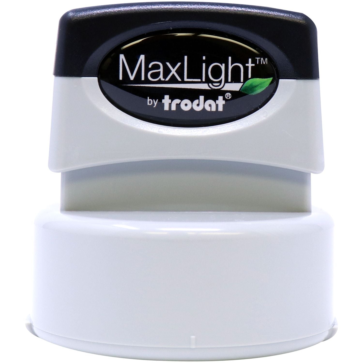 MaxLight XL2-655 Custom Pre-Inked Business Stamp 2 Diameter, shown in a front view with a black and white design and Trodat branding.