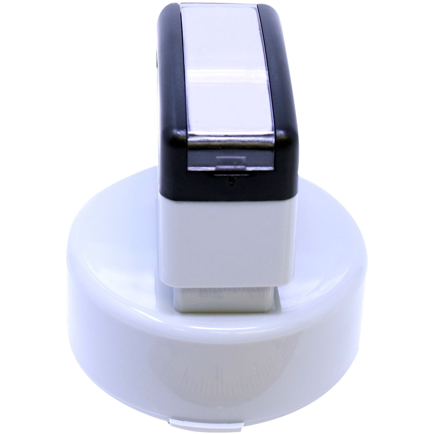 MaxLight XL2-655 Custom Pre-Inked Business Stamp 2 Diameter, shown from the top and side, featuring a sleek black and white design.