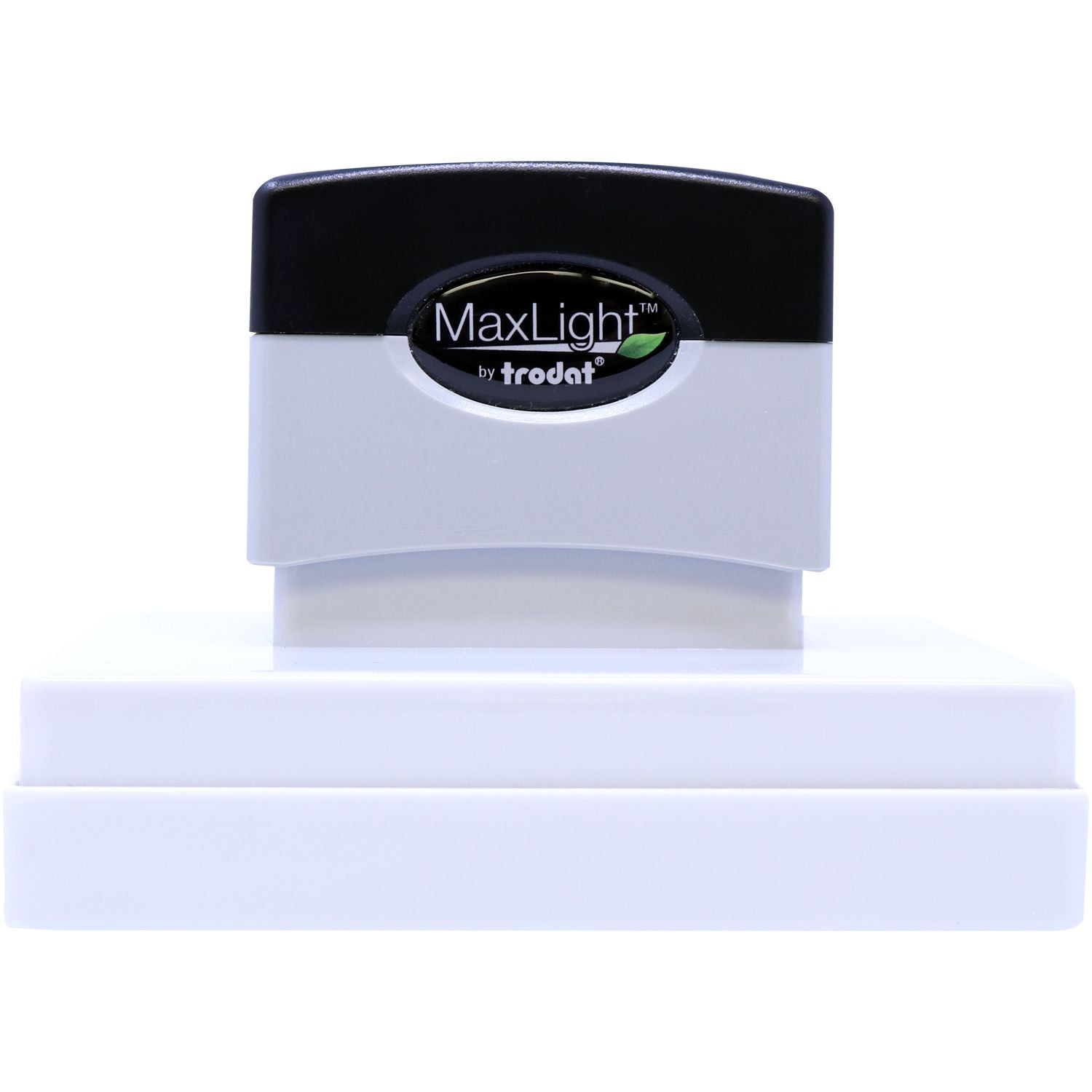 MaxLight XL2-700 Custom Pre-Inked Business Stamp 2-3/4-x 3-3/4, shown in front view with a black and gray design, on a white background.